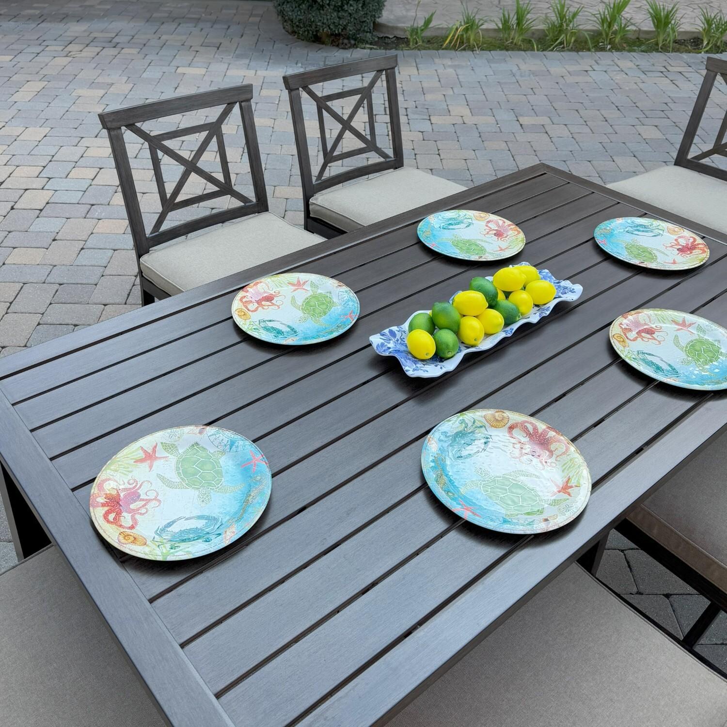 Atlantis 7 Pc Aluminum Dining Set w/ 6 Dining Side Chairs in Walnut/Beige by Darlee - Table Angled - Lifestyle thumbnail