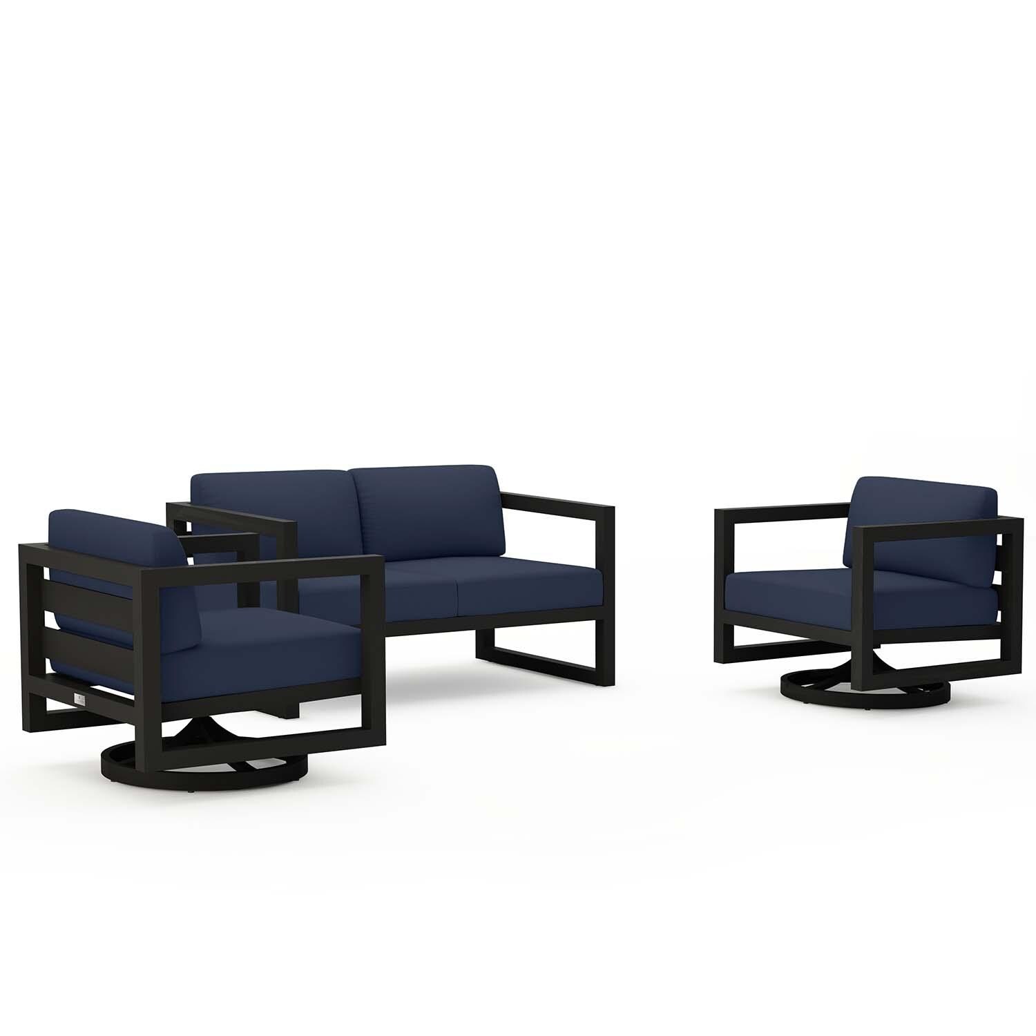 Misty Cove 3 Pc Aluminum Loveseat Seating Set w/ Swivel Chairs in Black/Spectrum Indigo by Lakeview Outdoor Designs - White Background thumbnail