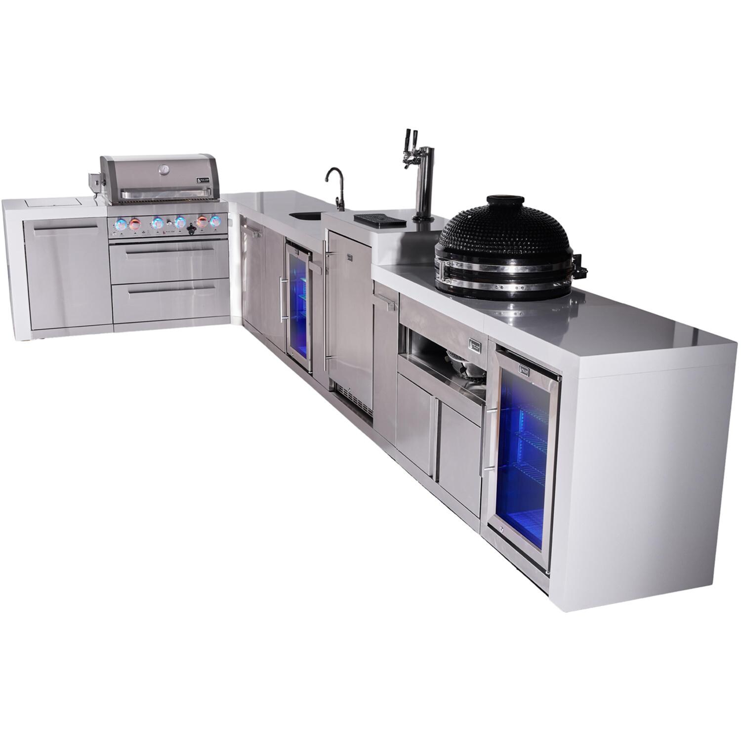 Mont Alpi Deluxe Series 13 1/2 Ft L-Shaped Natural Gas Outdoor Kitchen Island w/ 32-in Grill, Side Burner, Beverage Center, Kegerator, Kamado Module & Extra Door (Ships Propane w/ Conversion Kit) - Angled Right - White Background thumbnail
