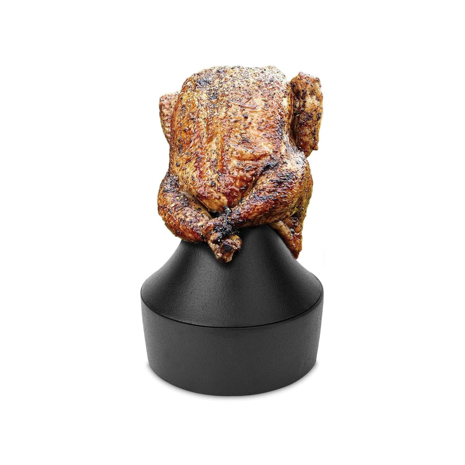 Outset 76633 Cast Iron Beer Can Roaster - Shown w/ Chicken - White Background thumbnail