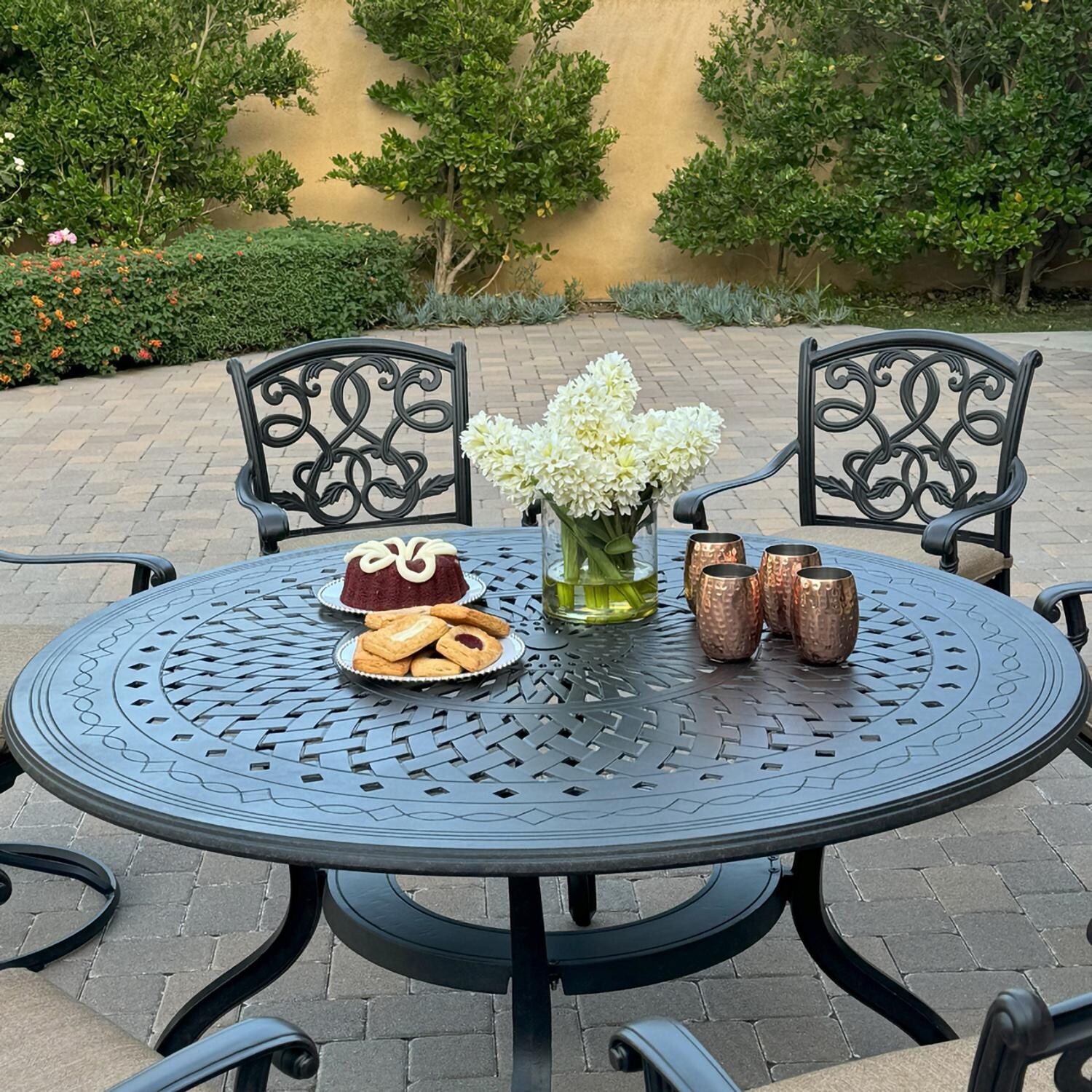 Darlee B/DL2052-7PCAR-26D Santa Monica 7 Pc Cast Aluminum Dining Set in Antique Bronze - Set From Above - Lifestyle thumbnail