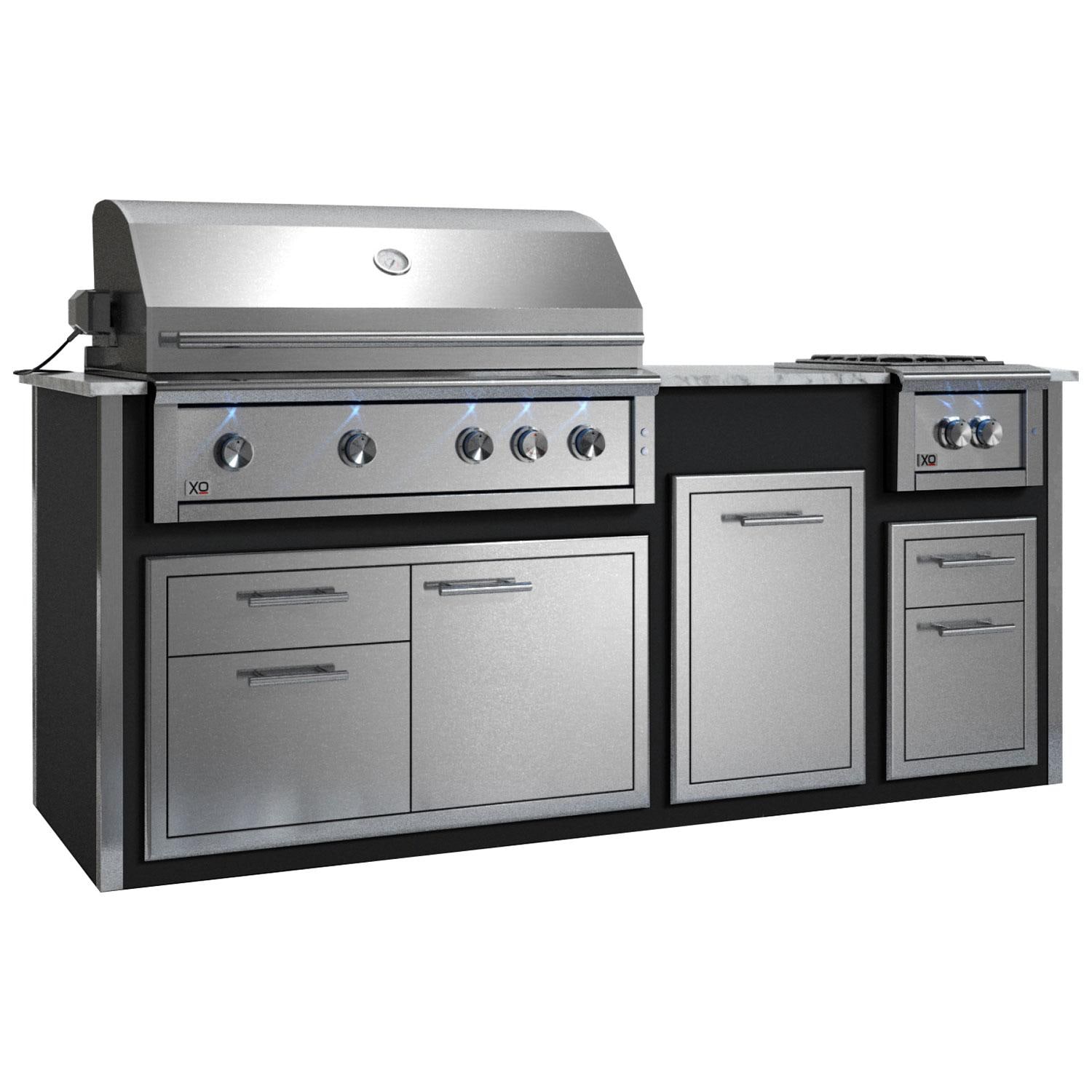 XO Designer 7 1/2 Ft Outdoor Kitchen Island w/ 42-in Propane Pro-Grade Grill, Power Burner, Door & Drawer, Trash Drawer, & Double Drawer in Black