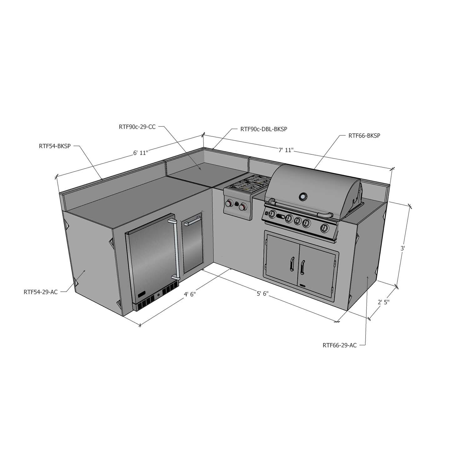 Universal 7 ft X 8 ft Ready To Finish L-Shaped Outdoor Kitchen System Appliance and Storage Cabinets W/Backsplashes On Both Sides - W/Appliances - Dimensional thumbnail