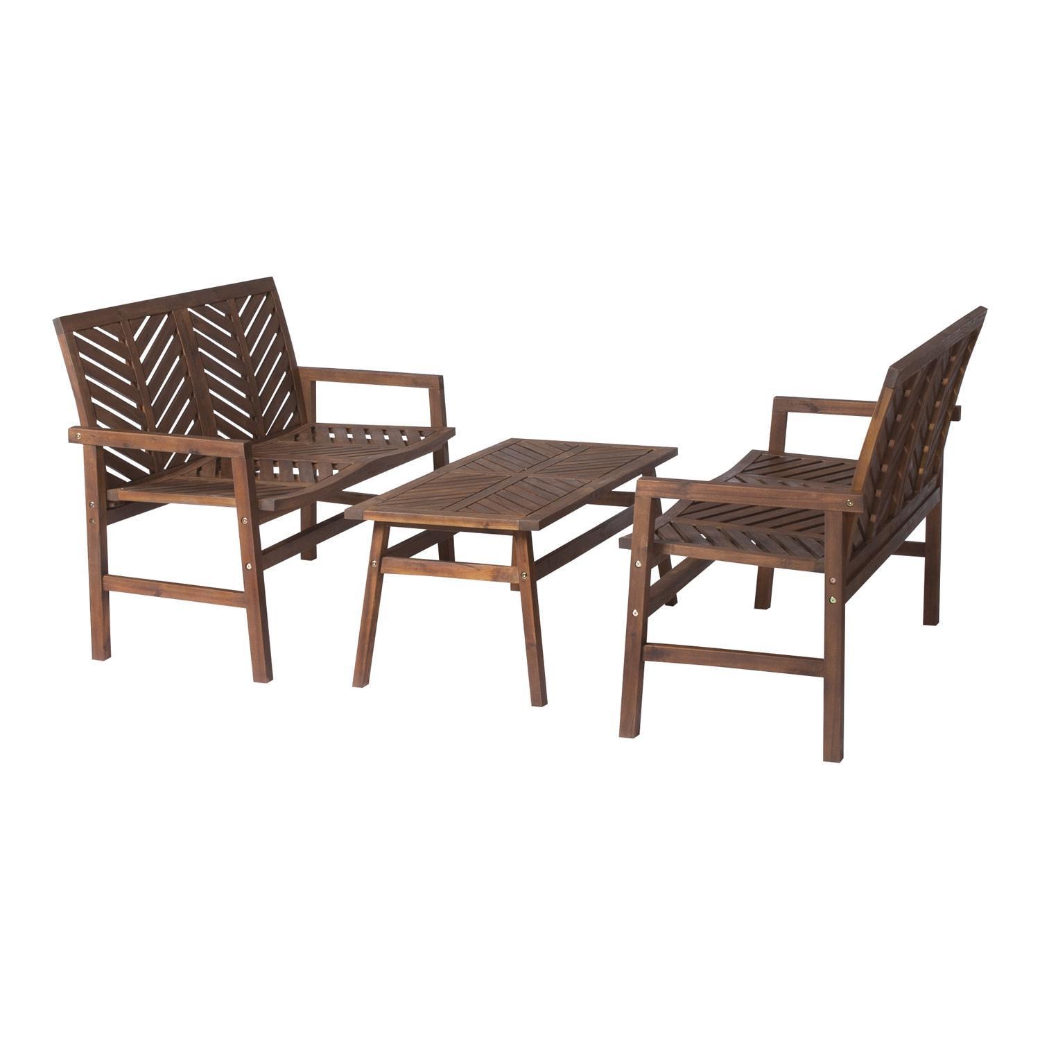 Ultimate Patio Wishlake 3 Piece Acacia Patio Conversation Set W/ 42 X 20 Inch Rectangular Table - Dark Brown - Angled View thumbnail