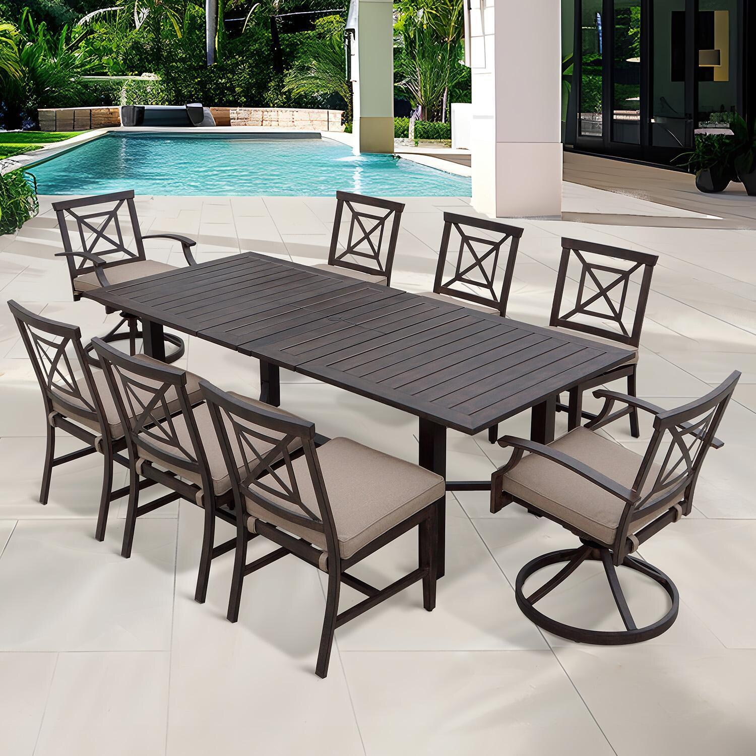 Atlantis 9 Pc Aluminum Dining Set w/ 91 Inch Table, Swivel Rockers, and Beige Cushions in Walnut By Darlee - On Patio - Lifestyle thumbnail