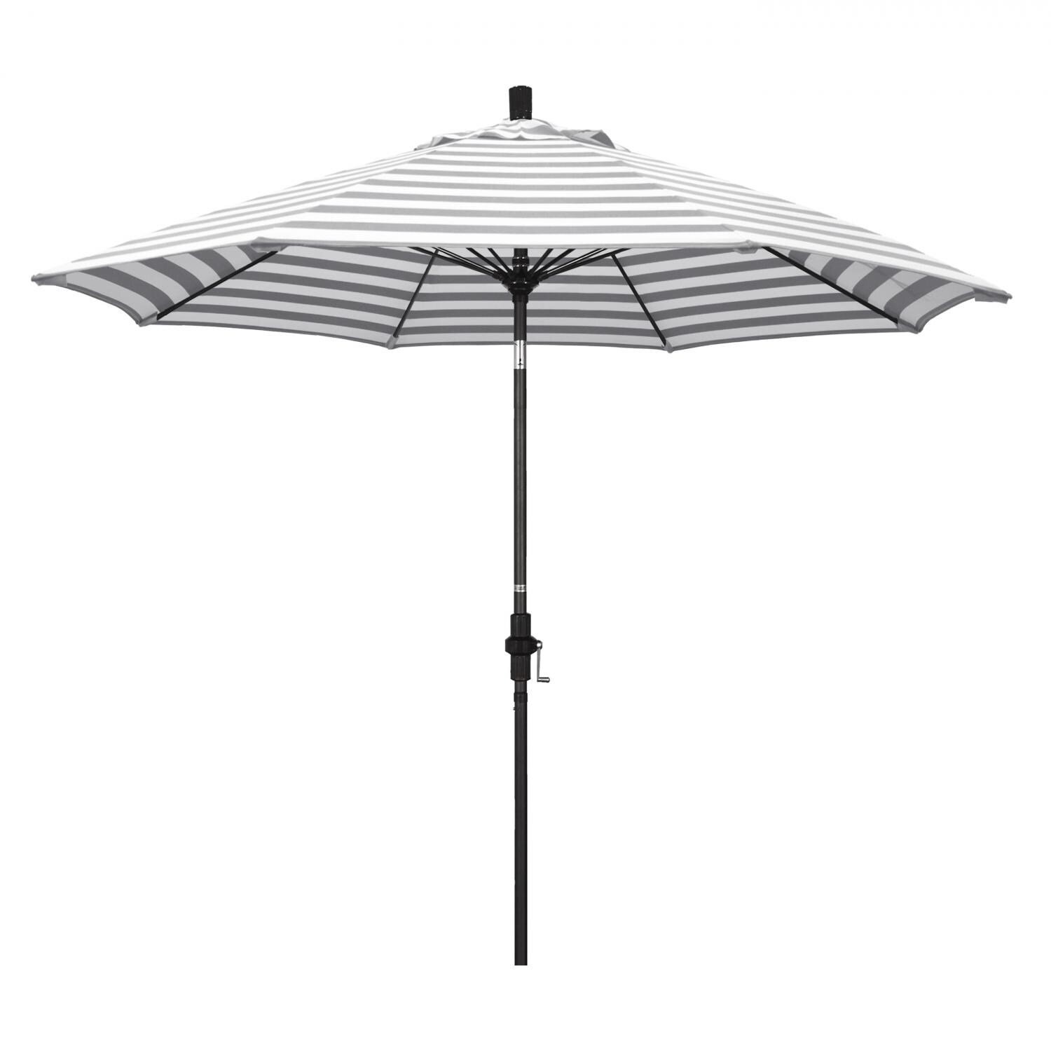 California Umbrella Sun Master Series 9 Ft Octagonal Aluminum Collar Tilt Patio Umbrella W/ Crank Lift & Fiberglass Ribs - Matted Black Frame / Olefin Gray White Cabana Stripe Canopy thumbnail