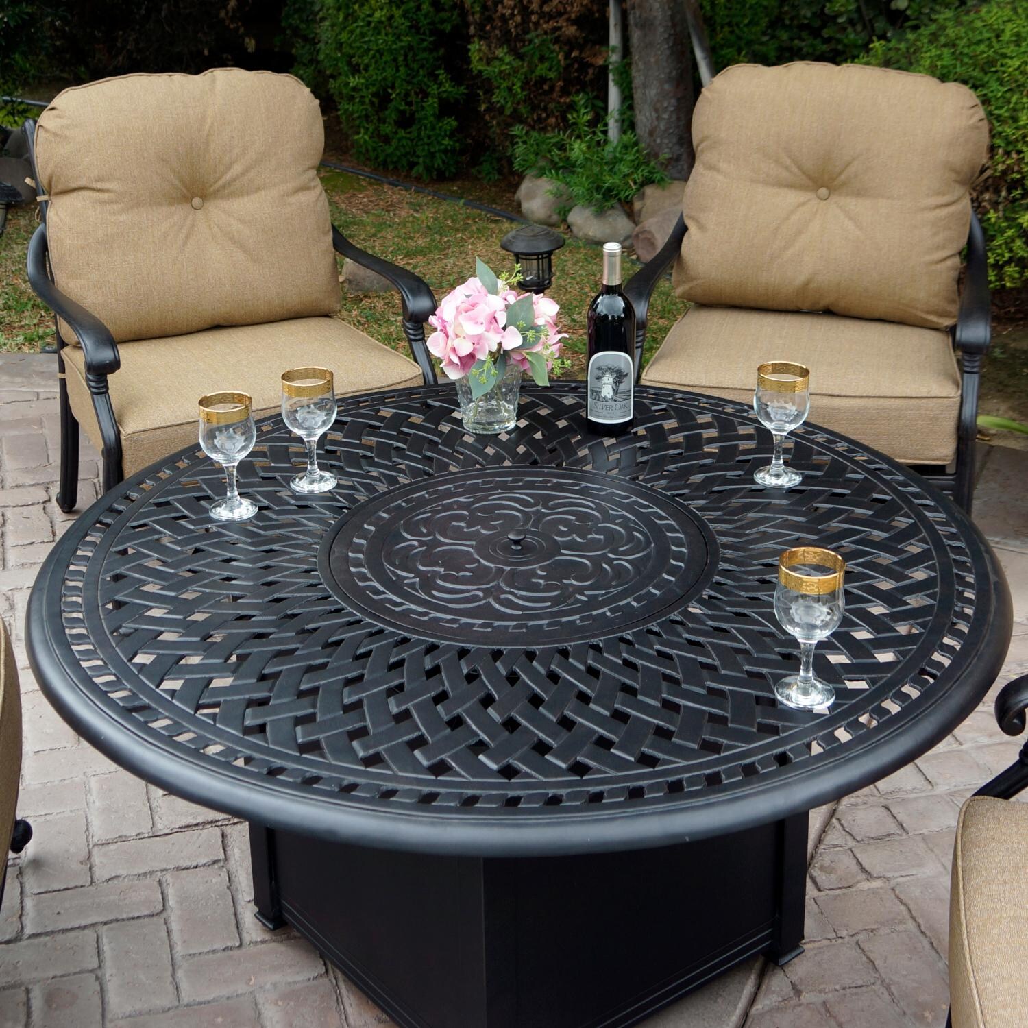 Darlee DL2056-5PC-60QB Santa Monica 5 Piece Cast Aluminum Patio Fire Pit Conversation Set W/ Sesame Cushions - Fire Pit Table W/ Cover thumbnail