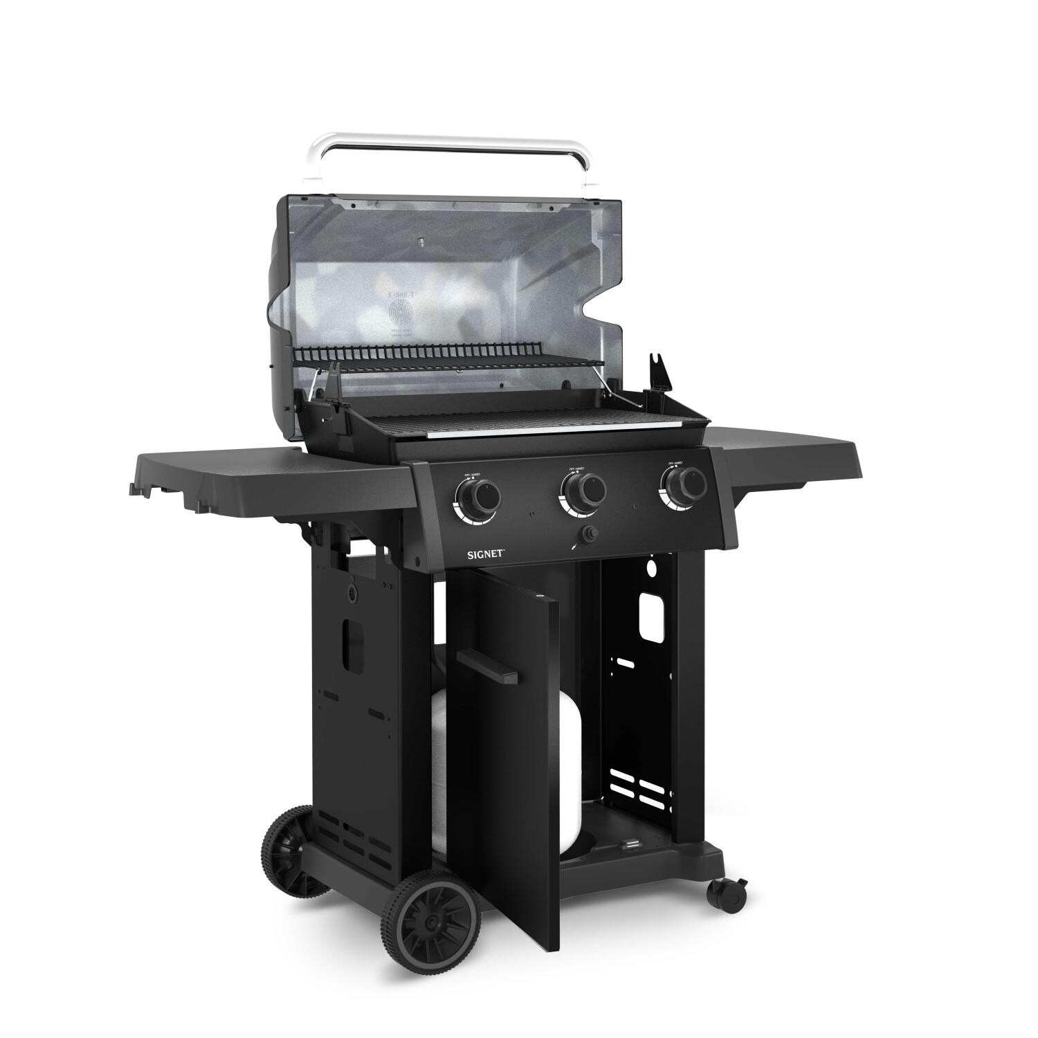 Broil King 844154 Signet 320 Shadow 3 Burner Propane Grill - Lid Up - Angled Right - White Background thumbnail