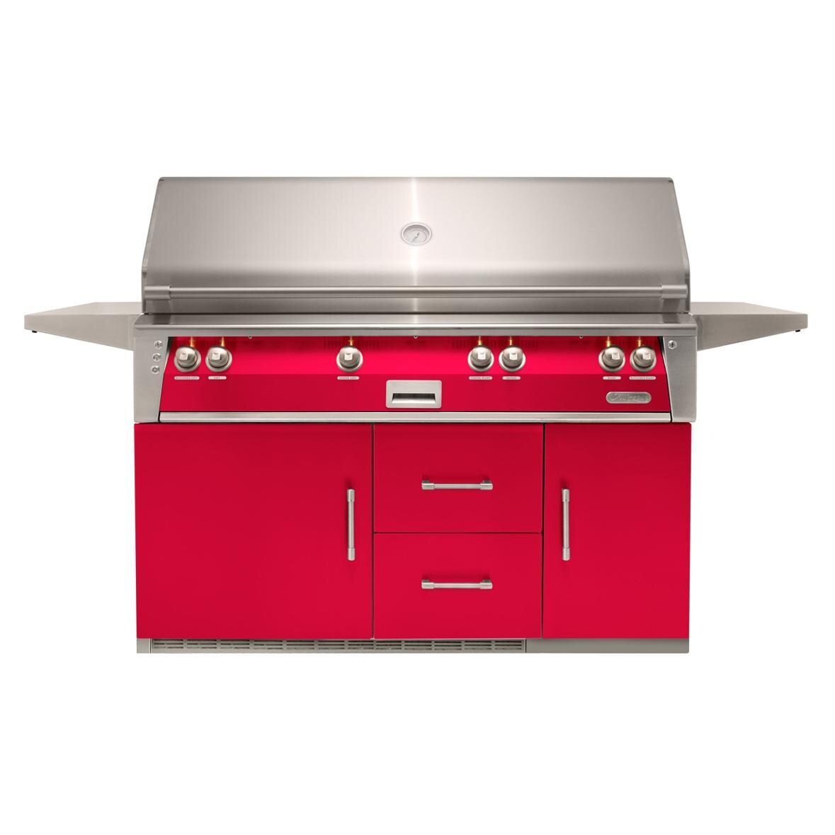 Alfresco ALXE 56-Inch Freestanding Propane All Grill On Refrigerated Cart With Sear Zone And Rotisserie in Raspberry Red - ALXE-56BFGR-LP-S3027