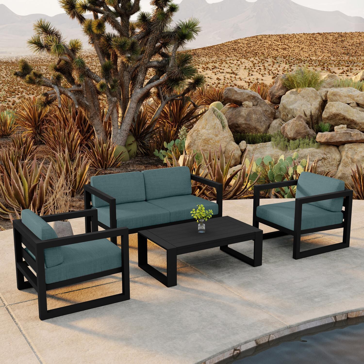 Lakeview MSTYMAS-BK-4SS-CL Misty Cove 4 Pc Aluminum Seating Set in Black w/Loveseat & Cast Lagoon Cushions by Lakeview Outdoor Designs - By the Pool - Lifestyle thumbnail