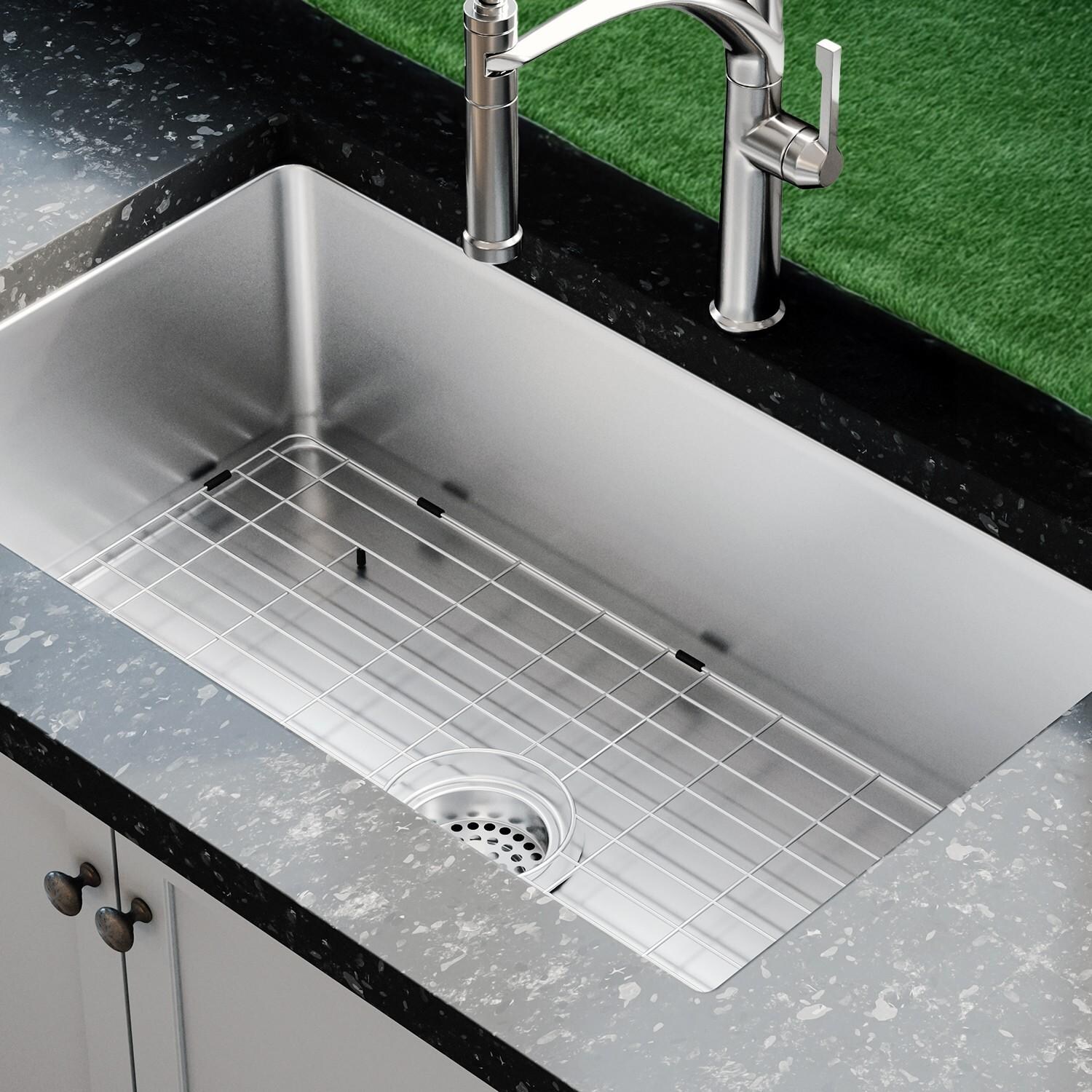 BBQGuys Signature Undermount Stainless Steel 33-Inch Single Bowl ADA Sink W/Grid and Strainer