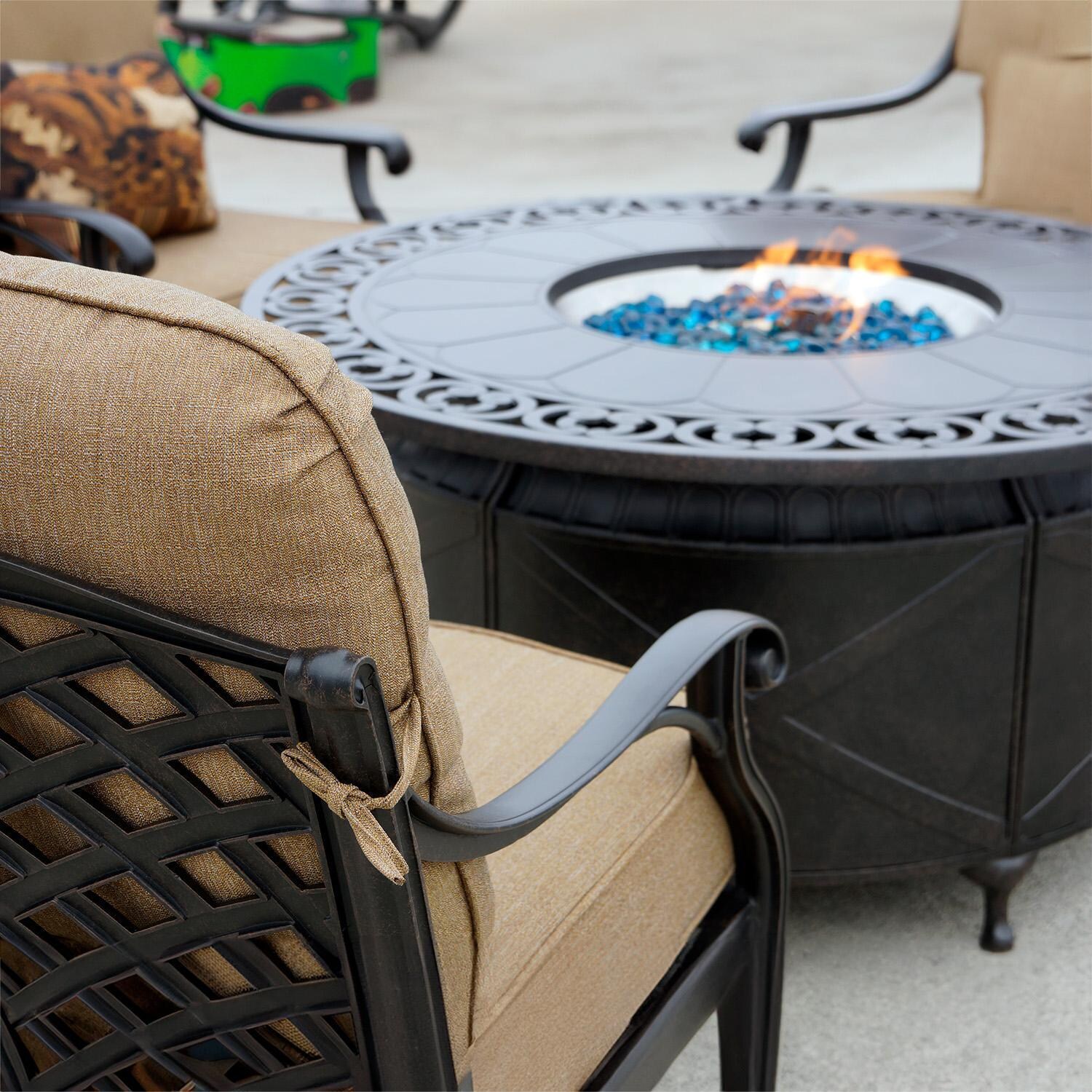 Darlee Nassau 4-Piece Patio Propane Fire Pit Sofa Conversation Set with Cushions and 47 Inch Round Fire Pit Chat Table and Fireglass - Close Up Chair - Lifestyle thumbnail