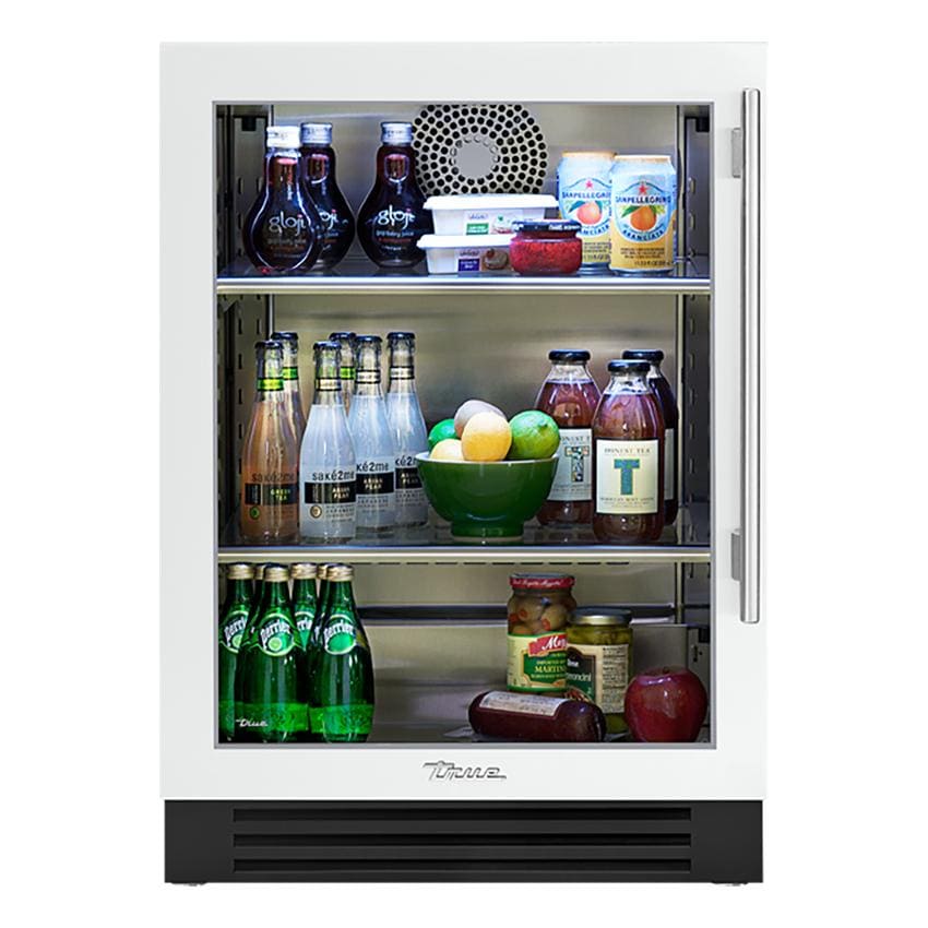 True TUR-24-L-OG-C~DSK-030-H04 24 Inch 5 Cu. Ft. Left Hinge Glass Door Outdoor Refrigerator in Matte White w/ Stainless Steel Handles - White Background thumbnail