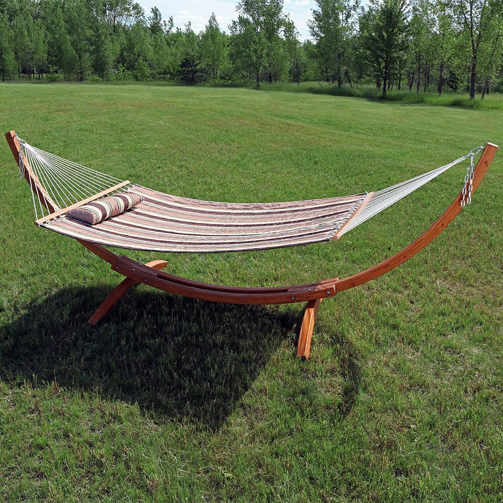 Ultimate Patio Quilted Double Hammock w/ 12-Foot Wood Stand & Pillow - Sandy Beach - Lifestyle thumbnail