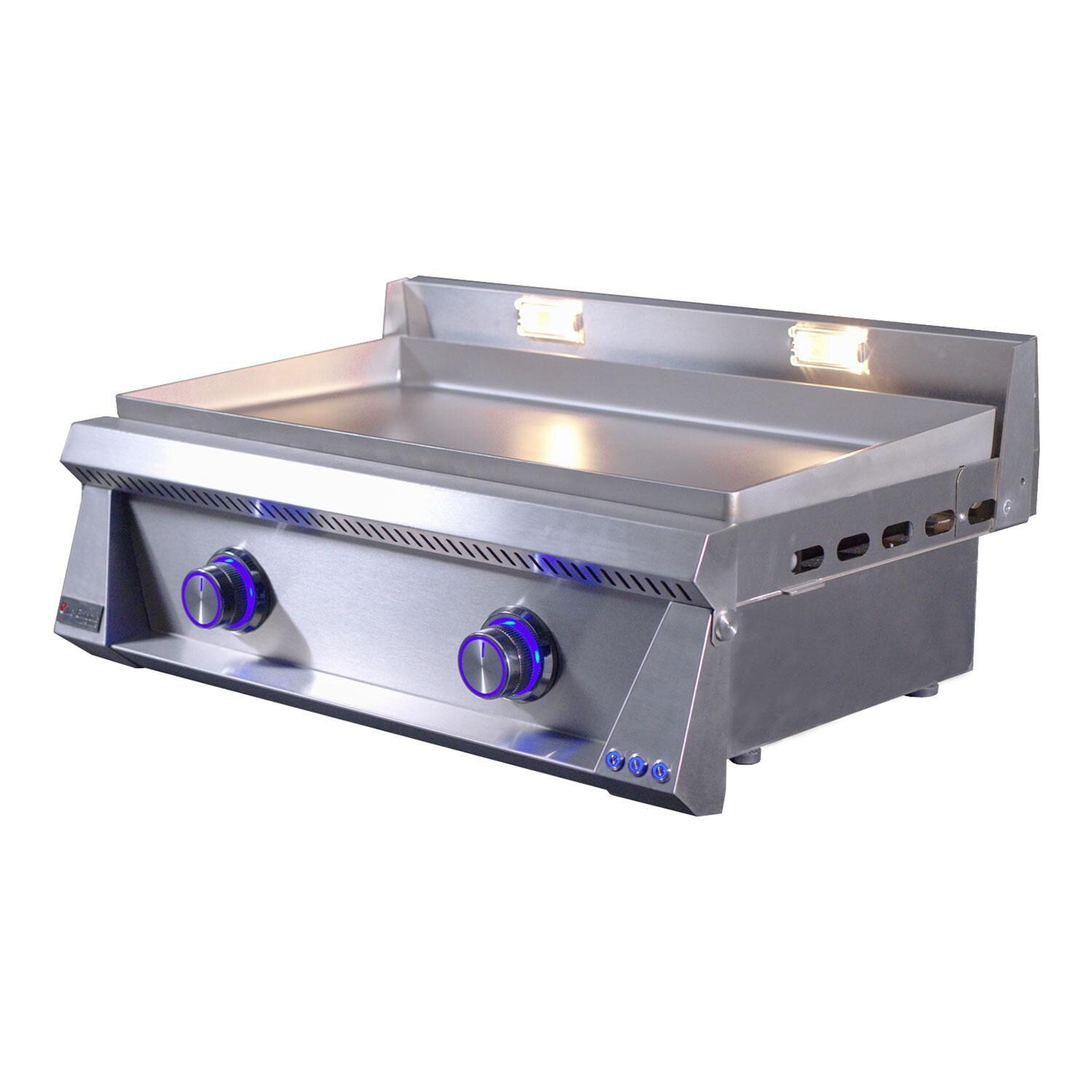 Le Griddle Pro Series 75 30-in 2 Burner Built-In Propane Flat Top Grill w/ 6mm Plate & Lid - Burner Off Blue LED Knob - Side View - White Background thumbnail