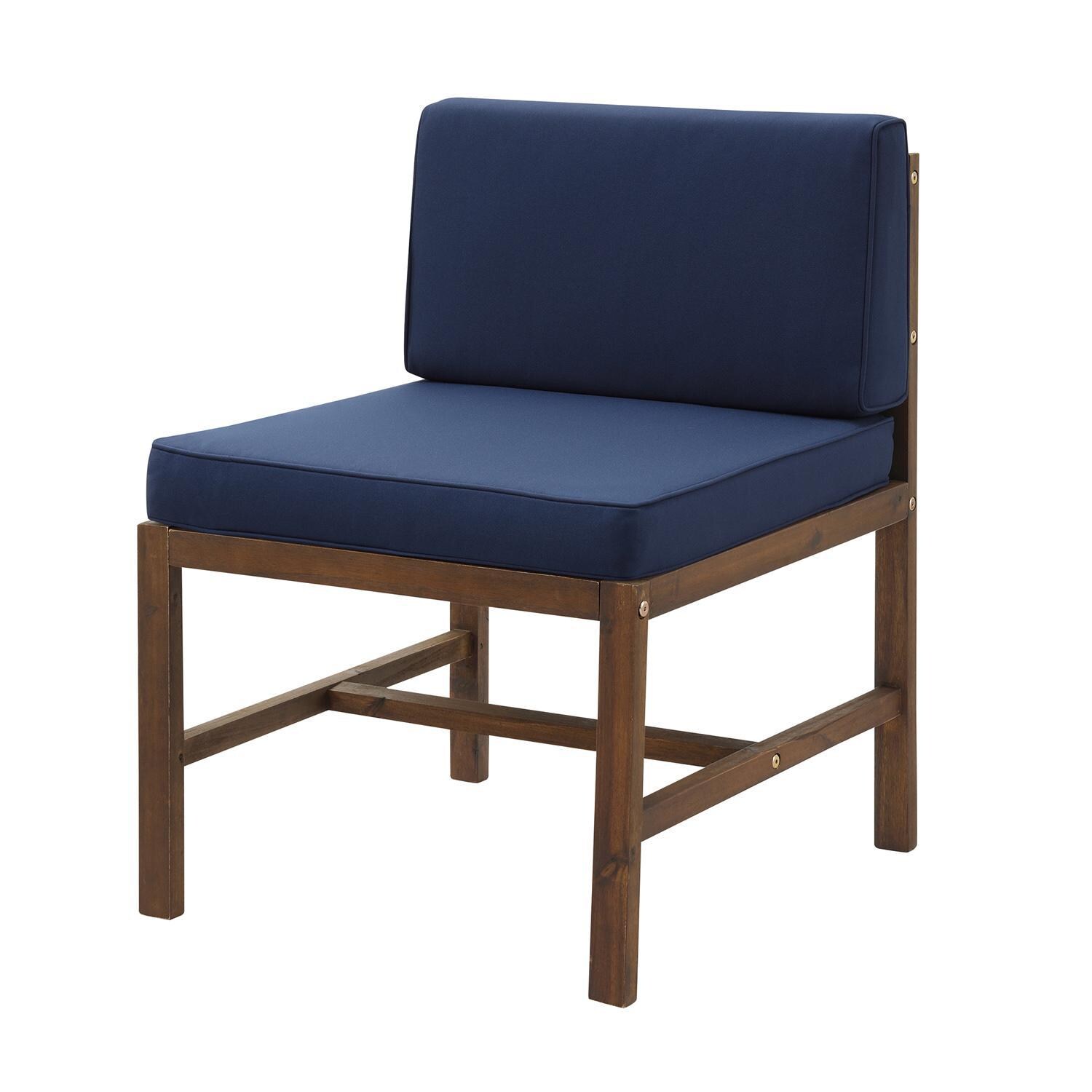 Ultimate Patio Bellelot Acacia Patio Armless Sectional Club Chair W/ Blue Cushions - Dark Brown - Right Side Angled View thumbnail