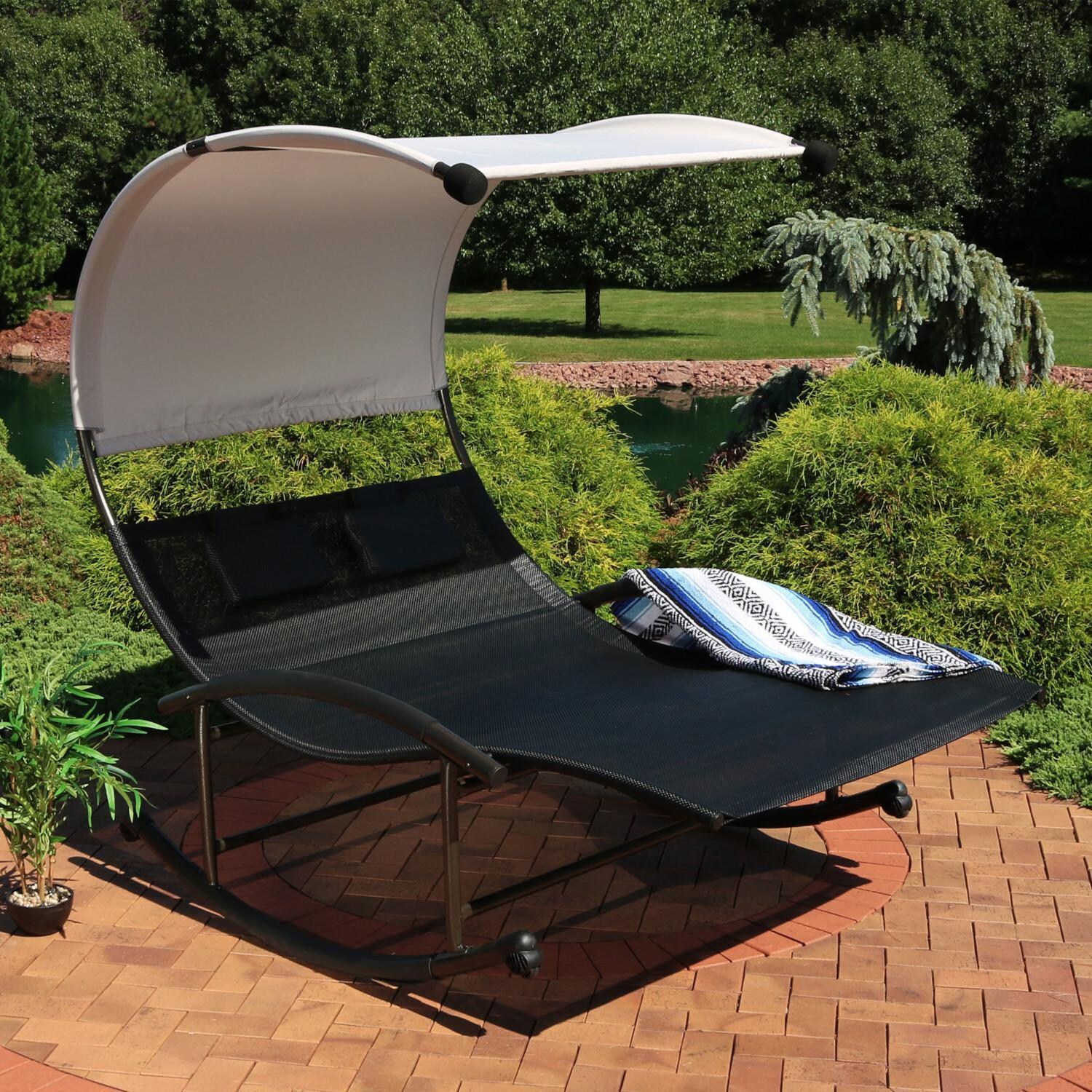 Ultimate Patio Rocking Double Sling Chaise Lounge W/ Canopy and Pillows - Lifestyle thumbnail
