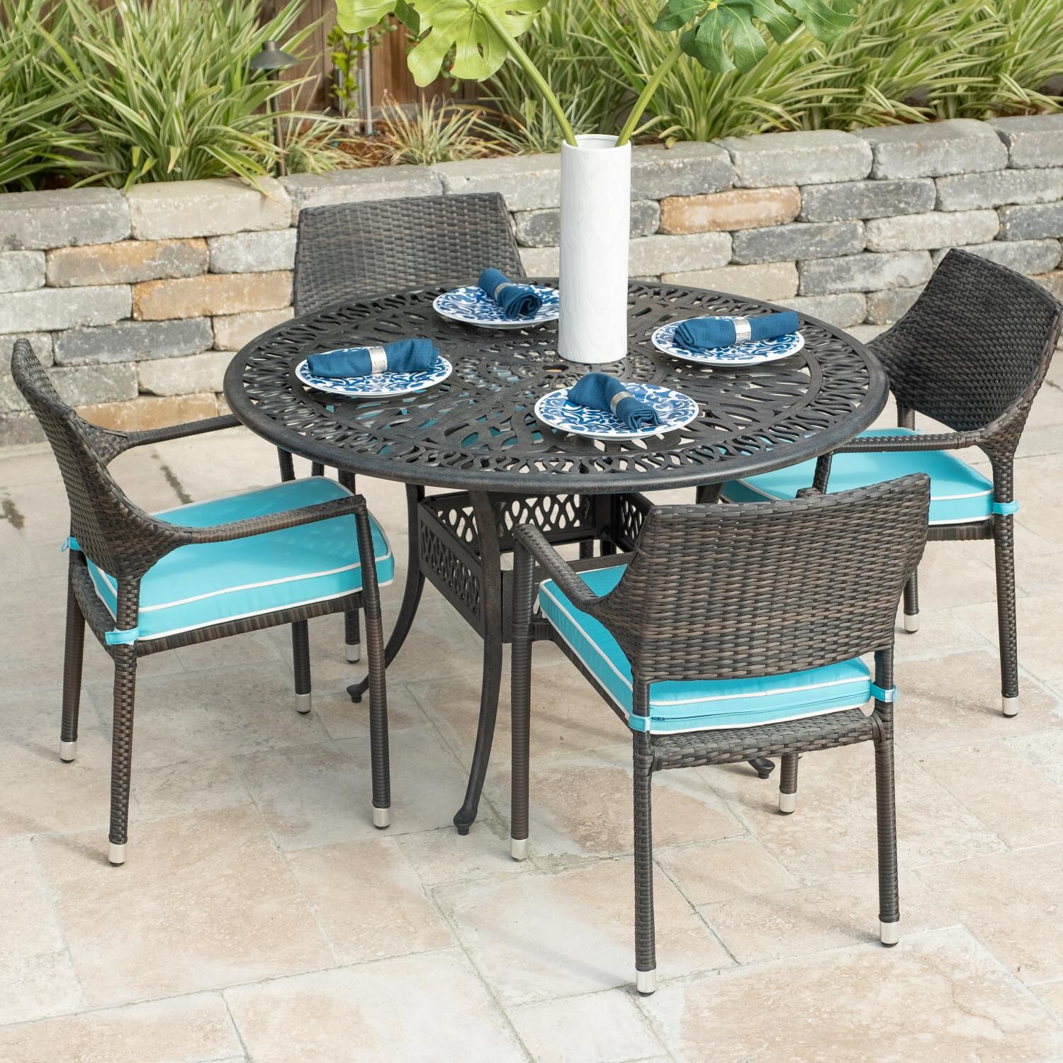 Gentilly 5 Piece Wicker Patio Dining Set W/ 48 Inch Round Table & Sunbrella Canvas Aruba Cushions By Lakeview Outdoor Designs