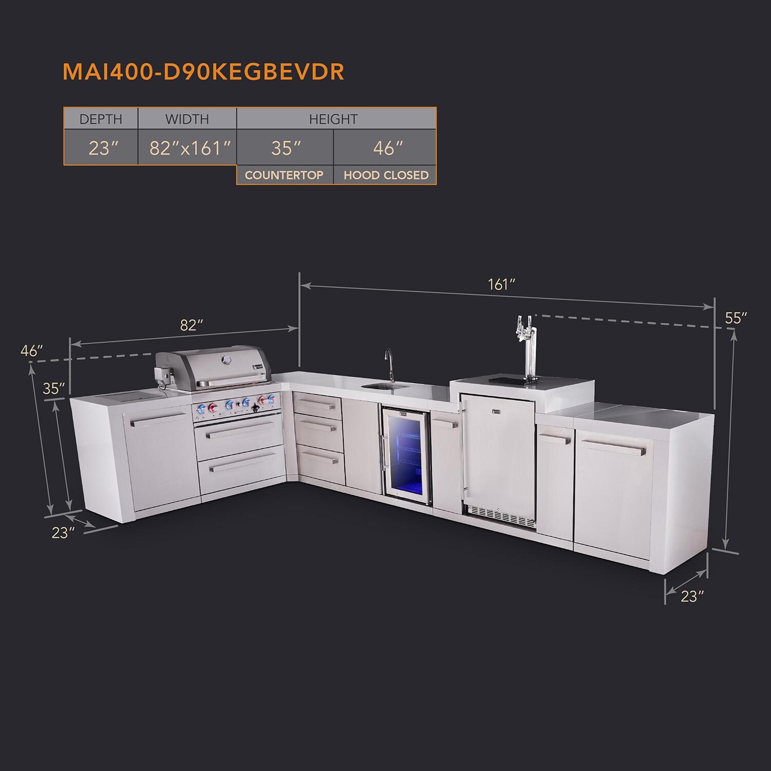 Mont Alpi Deluxe Series 13 1/2 Ft Propane Outdoor Kitchen Island w/ 32-in Grill, Side Burner, Beverage Center, Kegerator, Fridge & Triple Drawer - MAi400-D90KEGBEVFCDR - Dimensions - Dimensional thumbnail