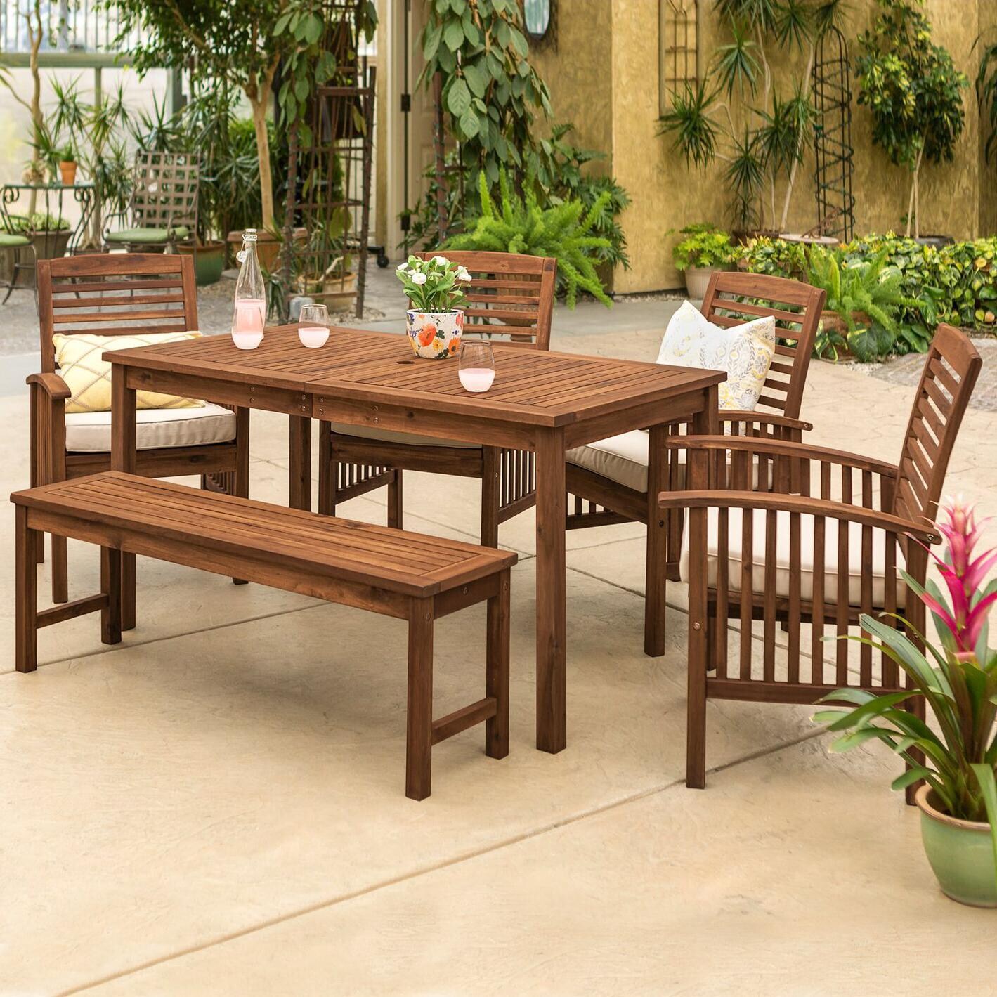 Ultimate Patio Horizon Way 6 Piece Dark Brown Acacia Patio Dining Set W/ 60 X 34 Inch Rectangular Table & Natural Cushions thumbnail