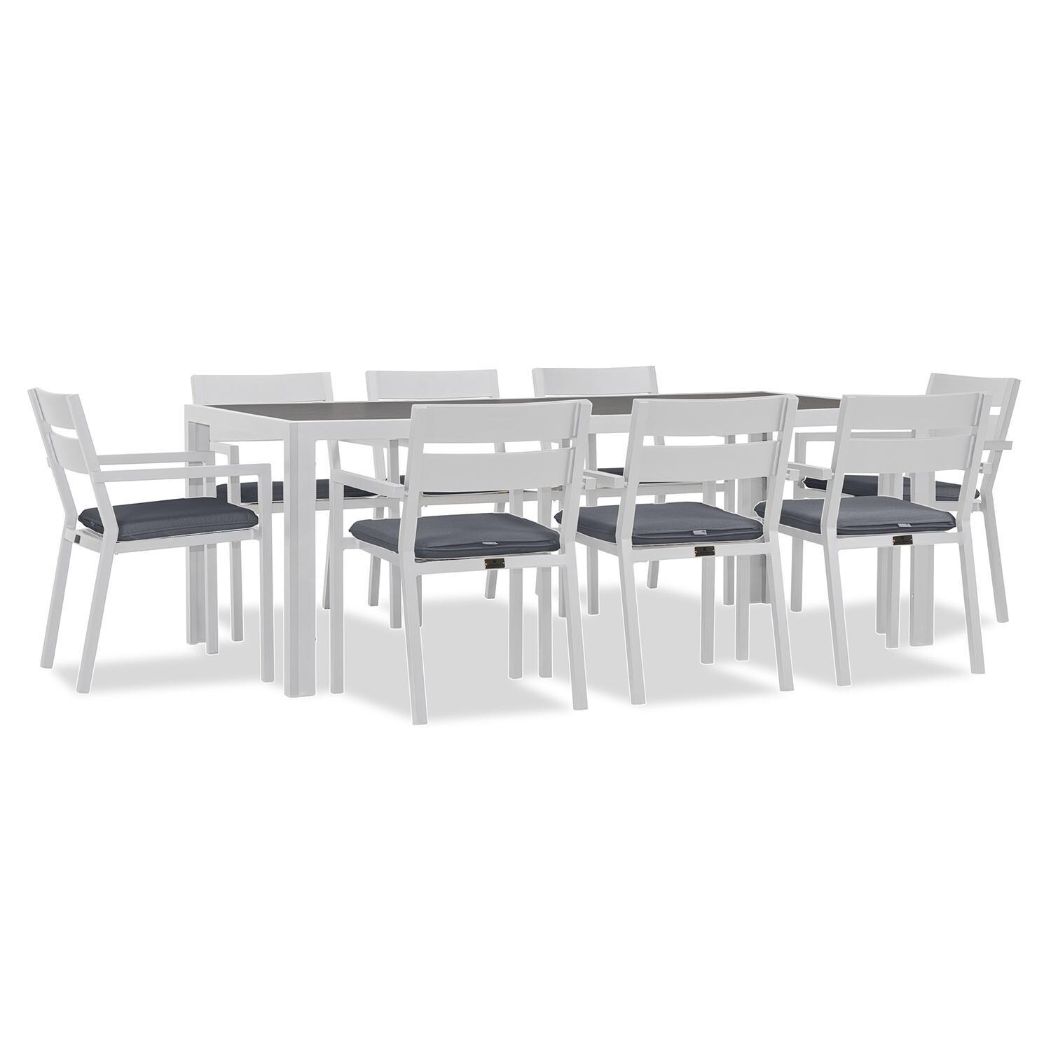 Calm Bay 9 Pc Rectangular Aluminum Dining Set in White/Canvas Charcoal by Lakeview Outdoor Designs
