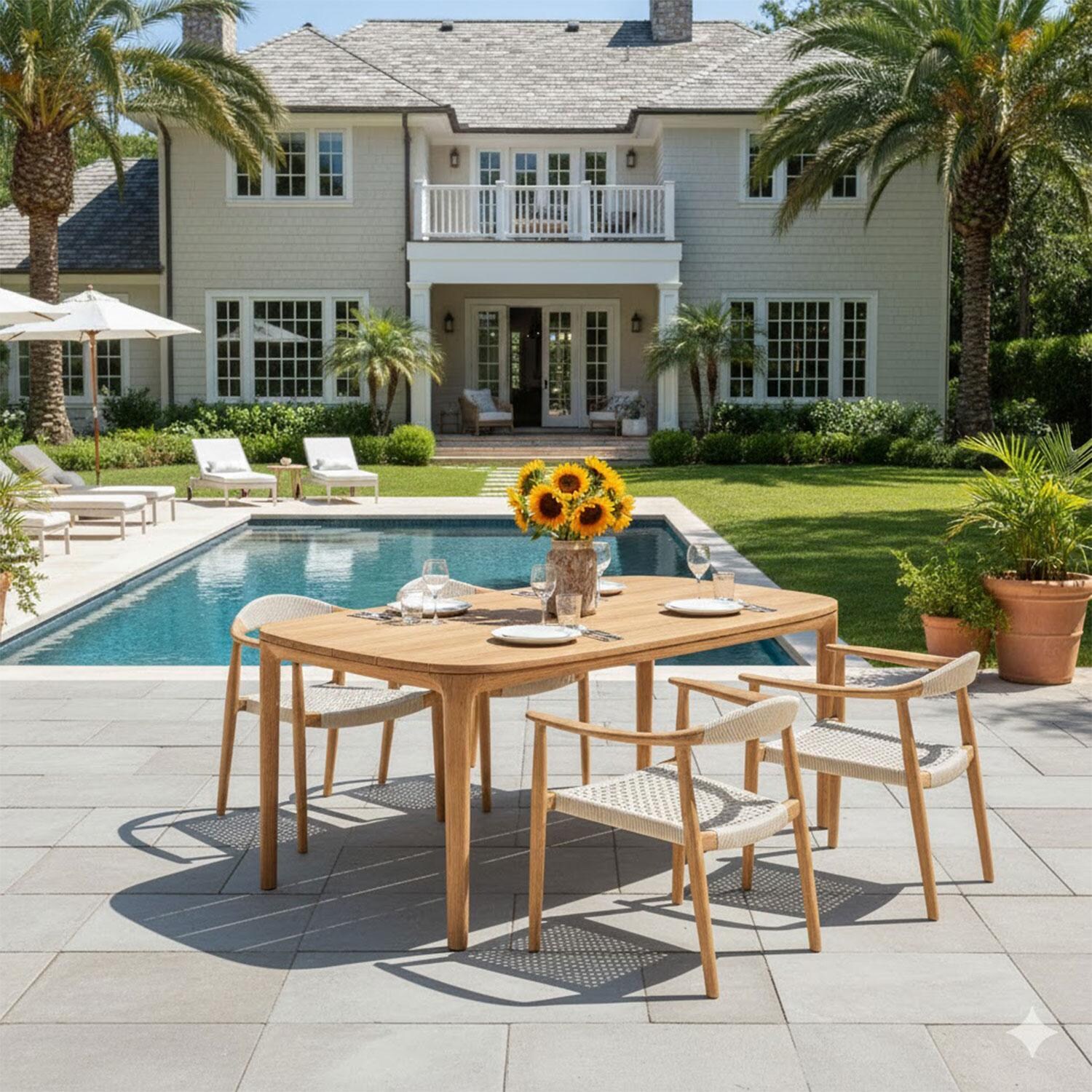 Piney Bay 5 Pc Teak Dining Set in Natural Wood by Lakeview Outdoor Designs - Angled - Lifestyle thumbnail