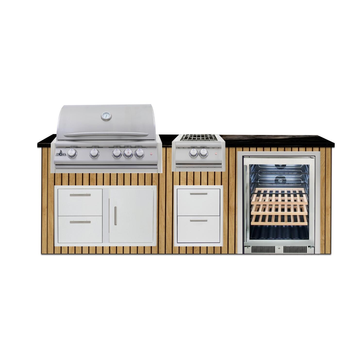 BBQGuys Signature 8 Ft Outdoor Kitchen Island w/ 32-in Blaze LTE+ Propane Grill & Power Burner & 24-in Beverage Center | Sun Bleached Oak w/ Nero Mist Granite - Island - White Background thumbnail