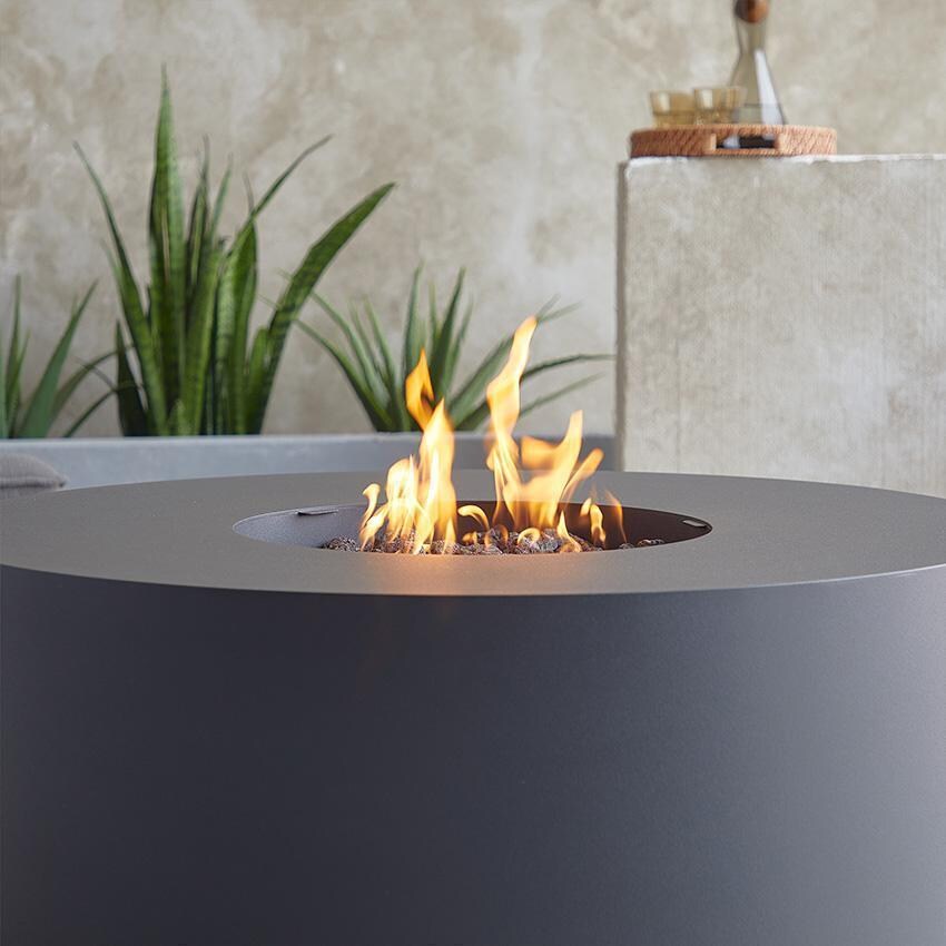 Covewood 4292LP-CHRC 41 Inch Round Aluminum Propane Fire Pit Table in Black by BBQGuys Signature - Flame Detail - Lifestyle