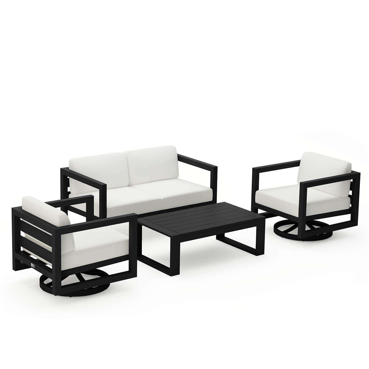 Misty Cove 4 Pc Aluminum Loveseat Seating Set w/ Swivel Chairs in Black/Canvas Natural by Lakeview Outdoor Designs - Angled - White Background thumbnail
