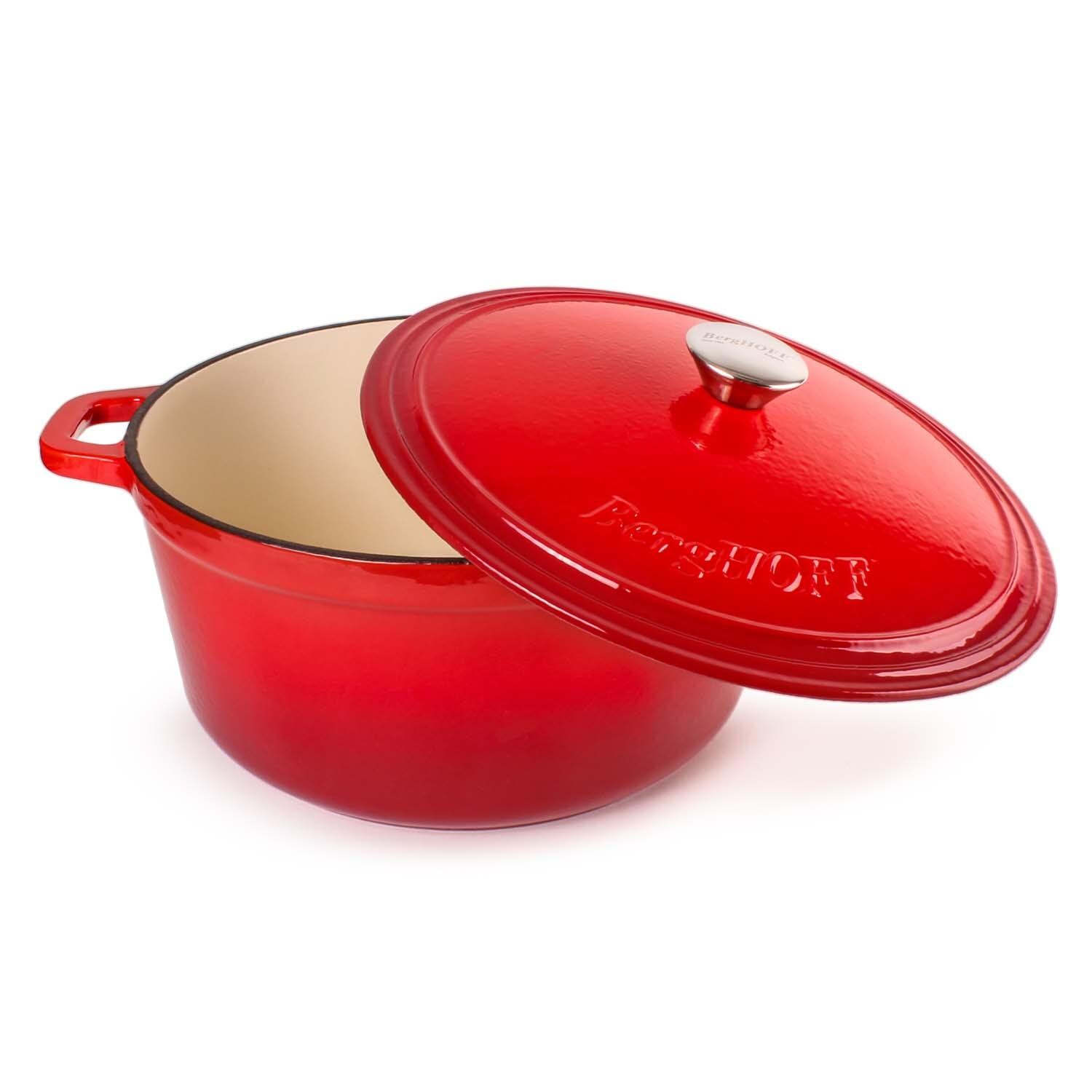 BergHOFF 11-in Neo Cast Iron 7 Qt. Round Dutch Oven w/ Lid - Red - Lid Propped - White Background thumbnail