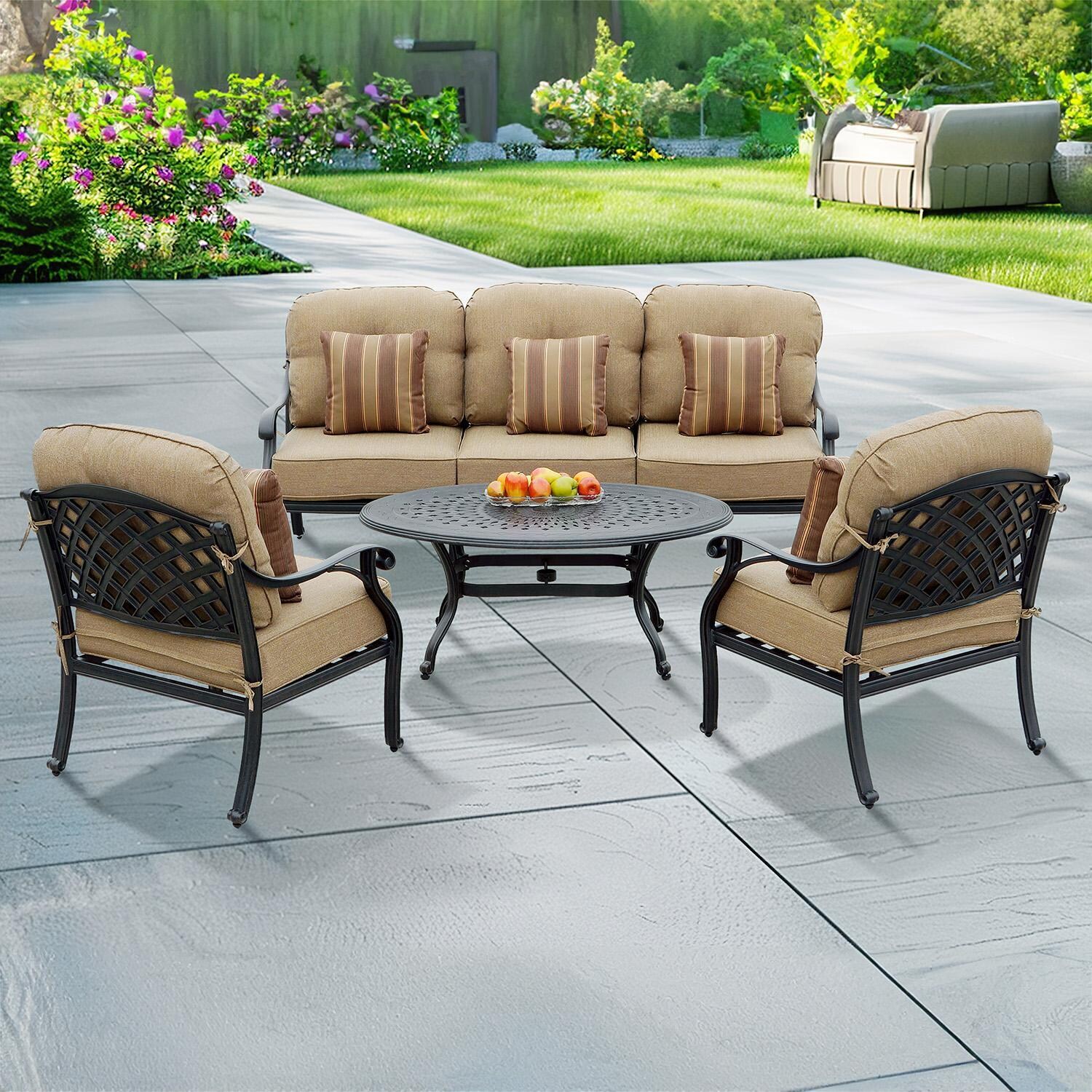 Nassau 4 Pc Cast Aluminum Sofa Seating Set w/ 46 X 31 Inch Oval Table & Throw Pillows in Antique Bronze/Sesame by Darlee