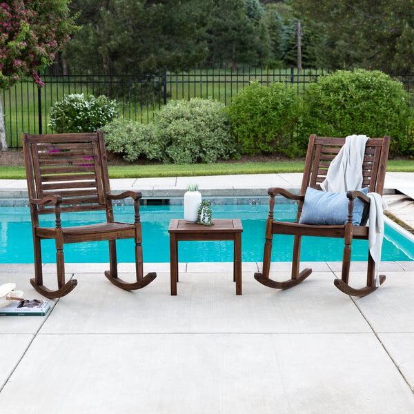 Walker Edison 3 Piece Acacia Patio Rocking Chair Set W/ 20 Inch Square End Table - Dark Brown image