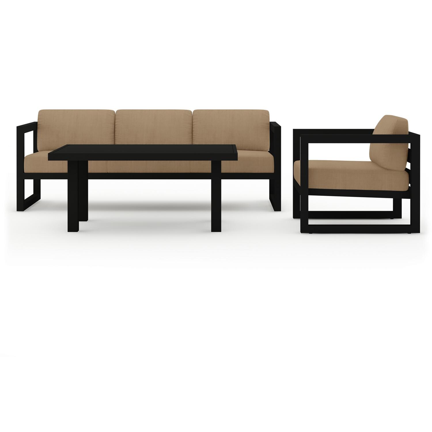 Misty Cove 3 Pc Aluminum Seating Set w/ Sofa & Classic Chat Table in Black/Heather Beige by Lakeview Outdoor Designs