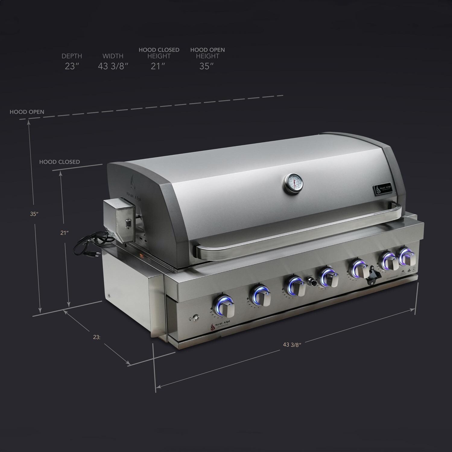 Mont Alpi MA805-AW 6-Burner Stainless Steel Art-Wood Propane Island Grill - Grill Head Only - Dimensional thumbnail