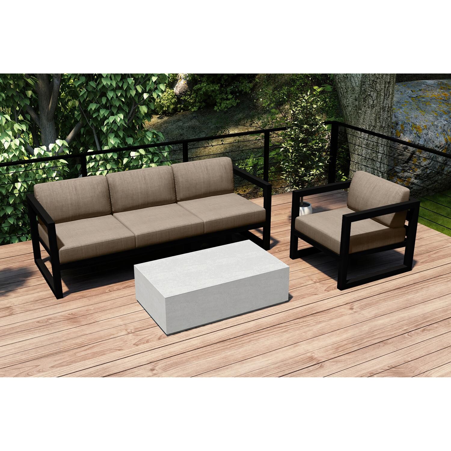 Lakeview MSTYMAS-BK-3SS-HB Misty Cove 3 Pc Aluminum Seating Set in Black w/Mason Coffee Table & Heather Beige Cushions by Lakeview Outdoor Designs - Set on Patio - Lifestyle thumbnail
