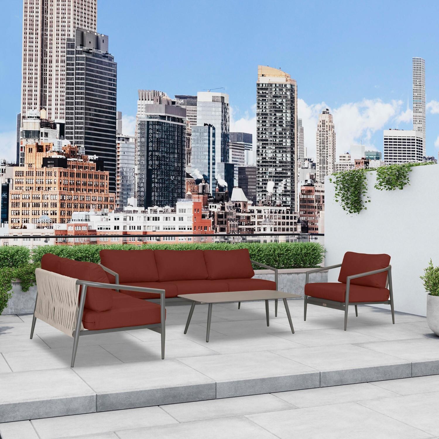 Lakeview Midnight Cove 4 Pc Aluminum Sofa Loveseat Seating Set in Slate/Pebble Gray/Canvas Henna - Angled - Lifestyle thumbnail