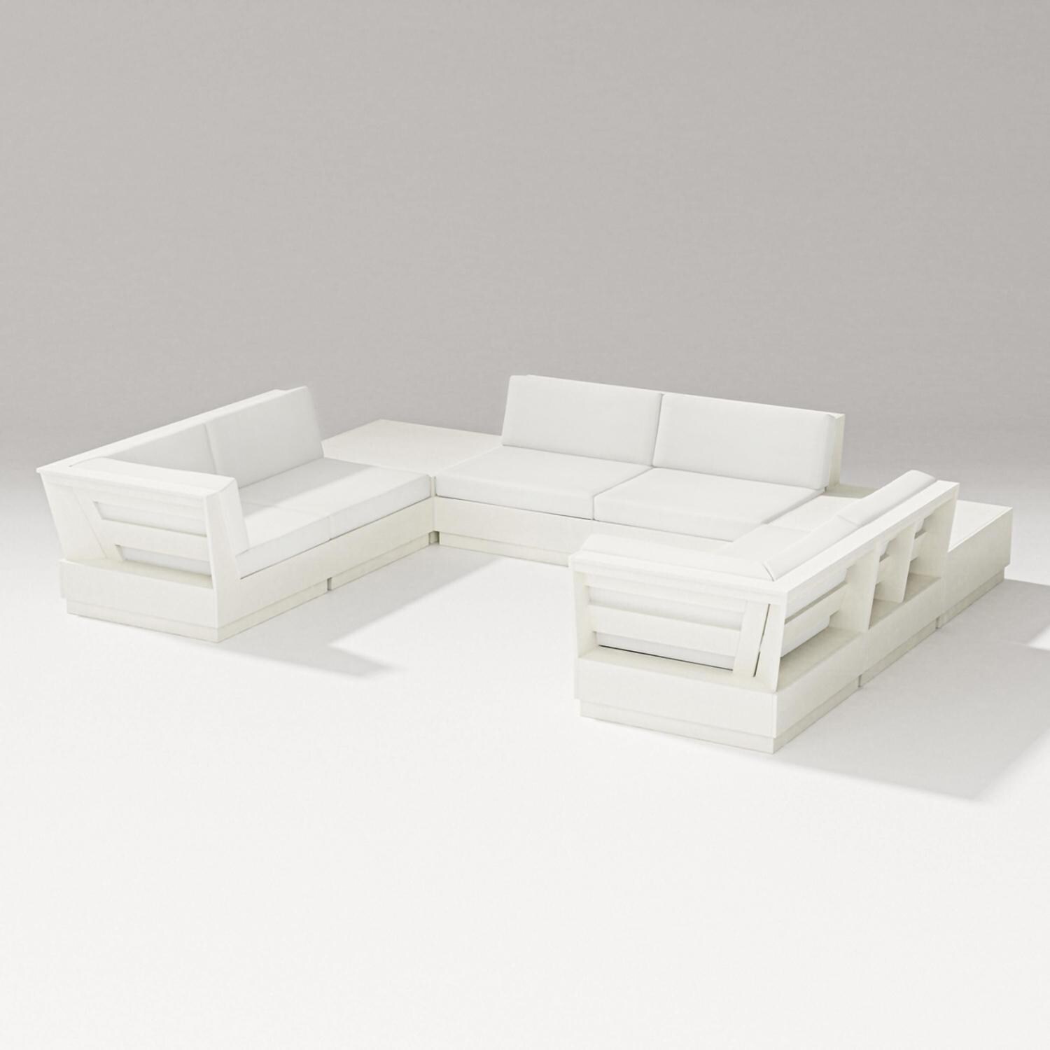 Elevate 8 Pc U-shaped Recycled Plastic Sectional Seating Set in Vintage White/Natural Linen By PW Designer Series