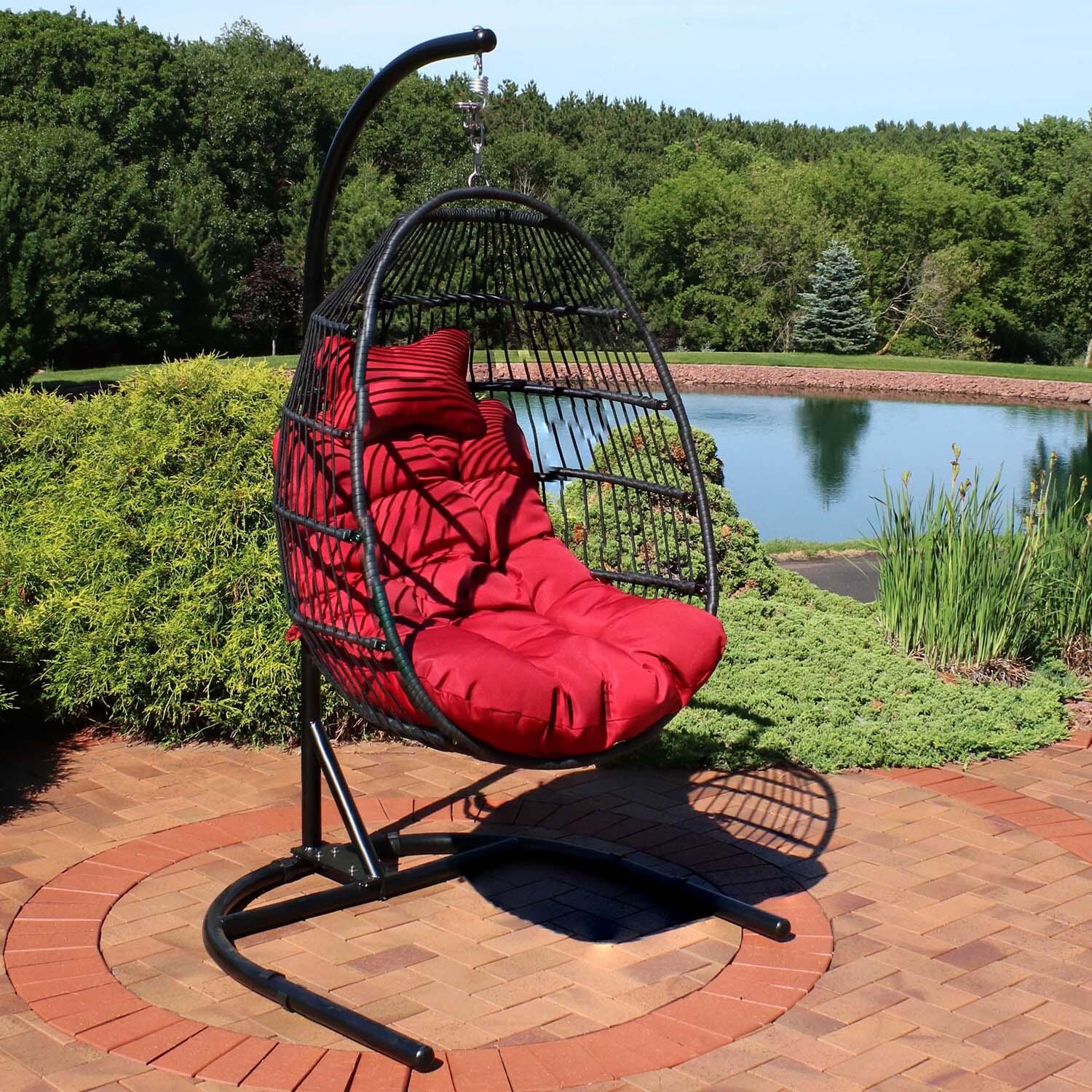Egg Chair w/ Cushion & Stand in Red By Ultimate Patio - Lifestyle thumbnail