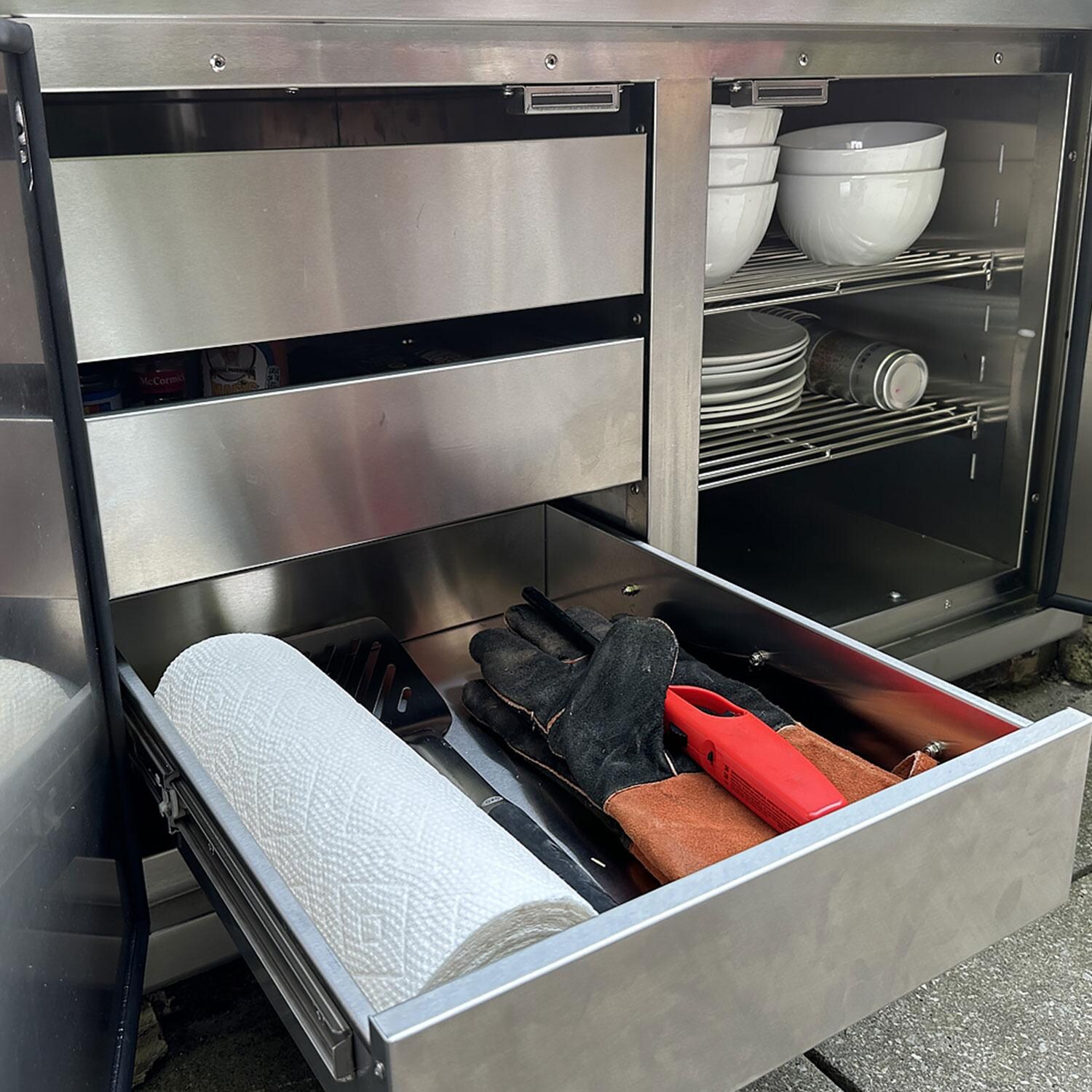 XO Appliance XOG36PANTRY Pro-Grade 36-Inch Outdoor Stainless Steel Sealed Pantry Double Access Door - Bottom Drawer Slid Out - Detail thumbnail
