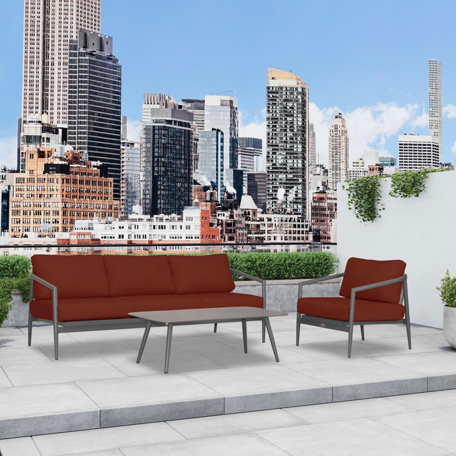 Lakeview Midnight Cove 3 Pc Aluminum Sofa Seating Set in Slate/Pebble Gray/Canvas Henna - Angled - Lifestyle thumbnail