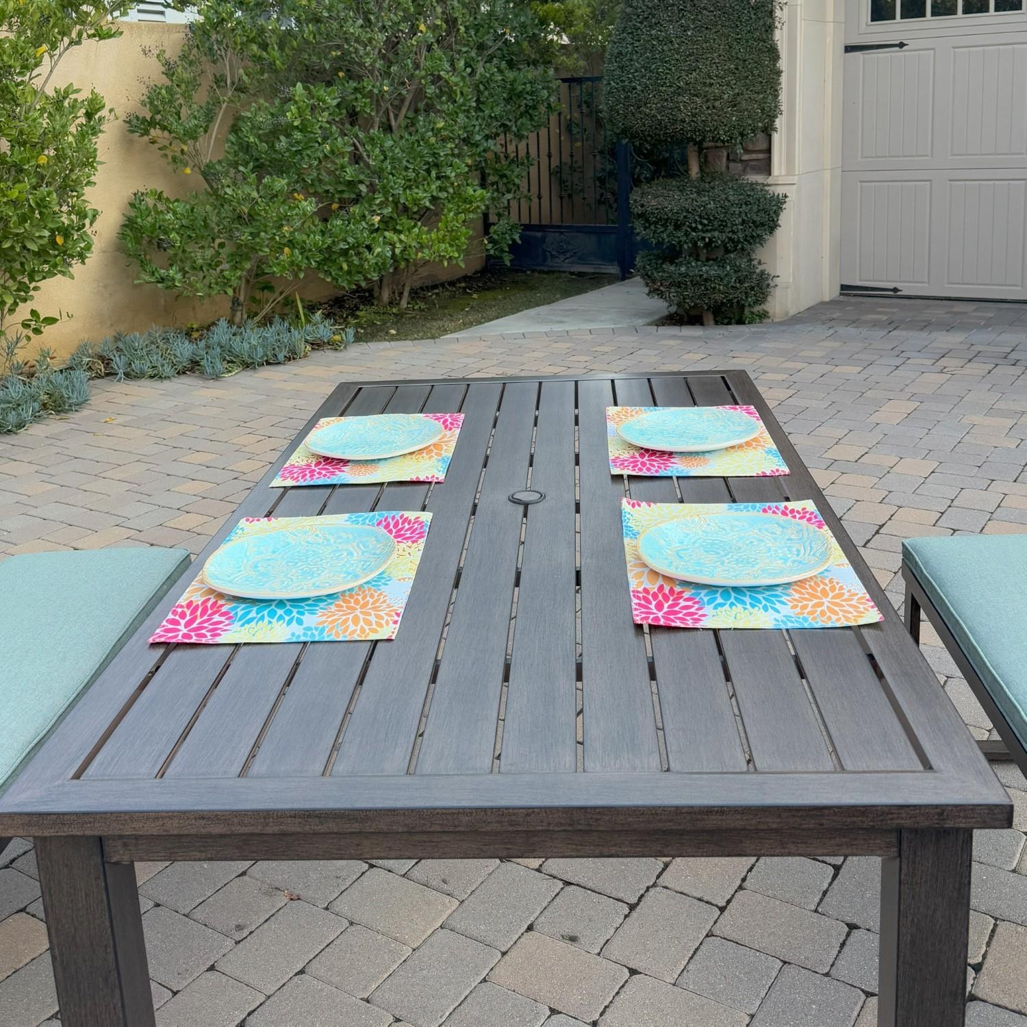 Atlantis 3 Pc Aluminum Dining Set w/ 2 Two Person Benches in Walnut/Spa by Darlee - Side - Lifestyle thumbnail