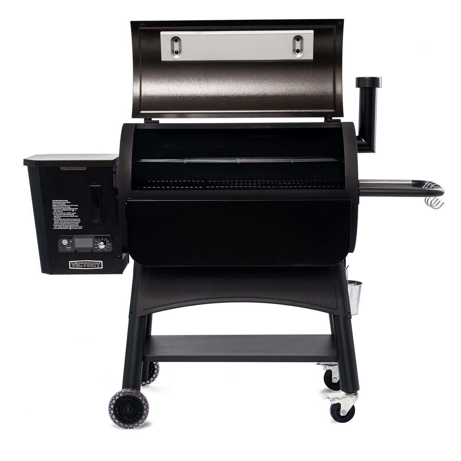 Victory BBQ-PG + BBQ-PG-CVR + BBQ-PLT20-HK + BBQ-PLT20-MQ + BBQ-PLT20-AP 35-Inch Wood Pellet Grill, Cover, & 20 Lb. Hardwood Pellets Ultimate Starter Pack - Lid Open - White Background thumbnail