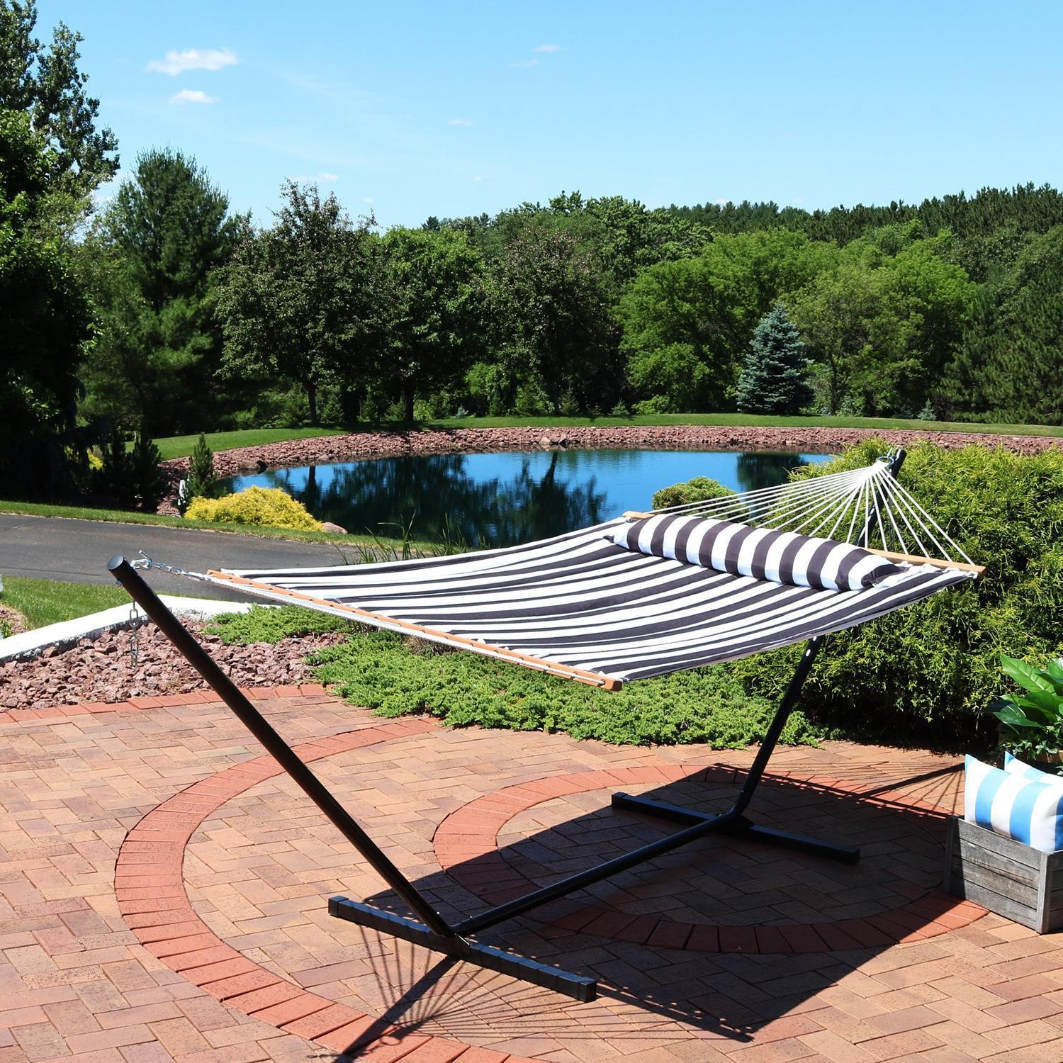 Ultimate Patio Quilted Double Hammock & Pillow w/ 12-Foot Black Stand - Black and White Stripe