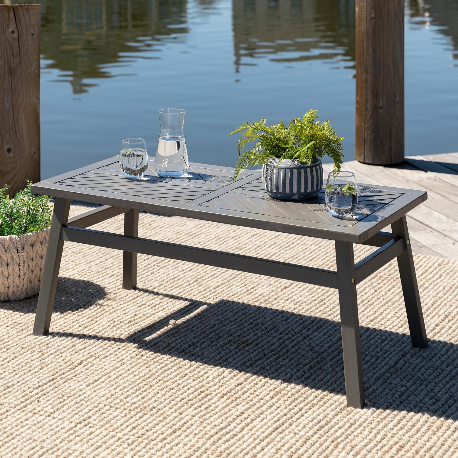 Walker Edison Vincent 42 X 20 Inch Rectangular Acacia Patio Coffee Table - Grey Wash image