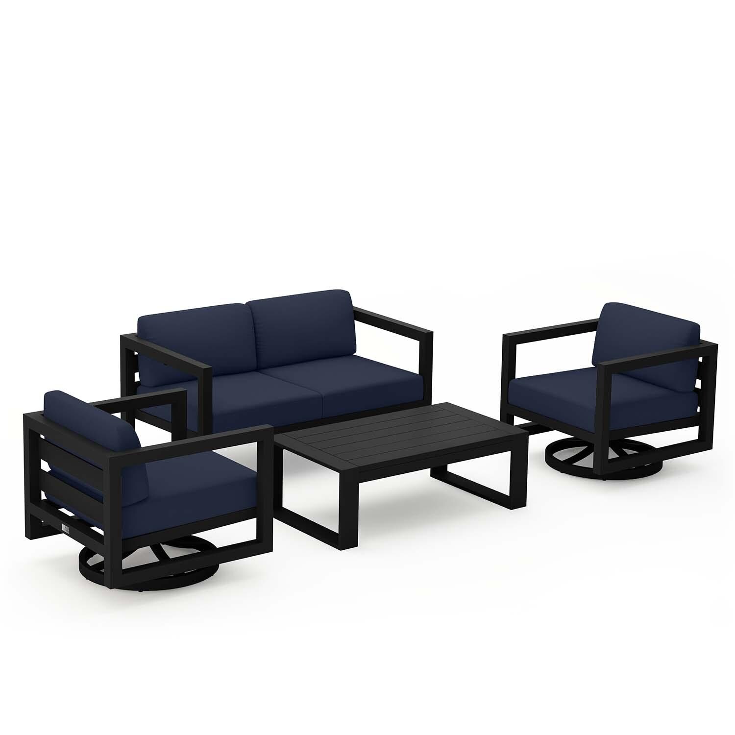Misty Cove 4 Pc Aluminum Loveseat Seating Set w/ Swivel Chairs in Black/Spectrum Indigo by Lakeview Outdoor Designs - Angled - White Background thumbnail