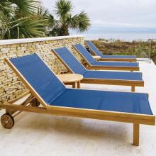 Sundaze 6 Piece Teak Patio Chaise Lounge Set W/ Round Side Tables By Royal Teak Collection - Navy Sling