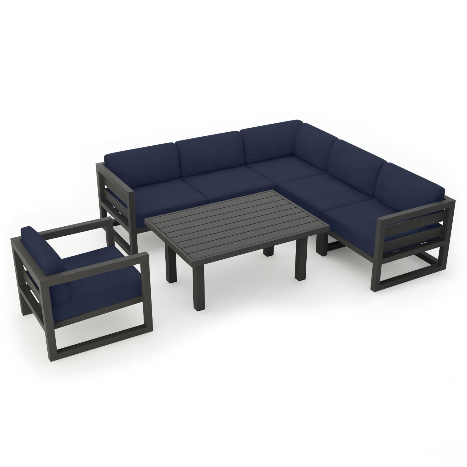 Lakeview MSTYCV-SL-SET212-IN Misty Cove 7 Pc Aluminum Sectional Set in Slate w/Chat Table & Spectrum Indigo Cushions by Lakeview Outdoor Designs - Set Angled - White Background thumbnail