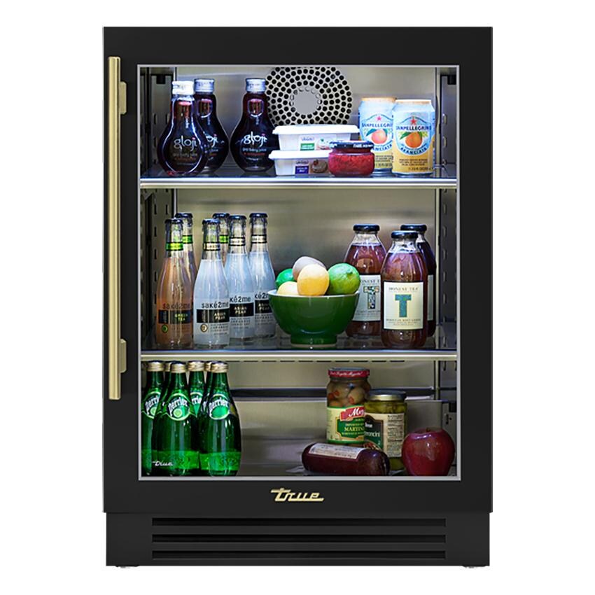 True TUR-24-R-OG-C~DSK-027-H01 24 Inch 4.2 Cu. Ft. Right Hinge Glass Door Outdoor Refrigerator in Matte Black w/ Brass Handles - White Background thumbnail
