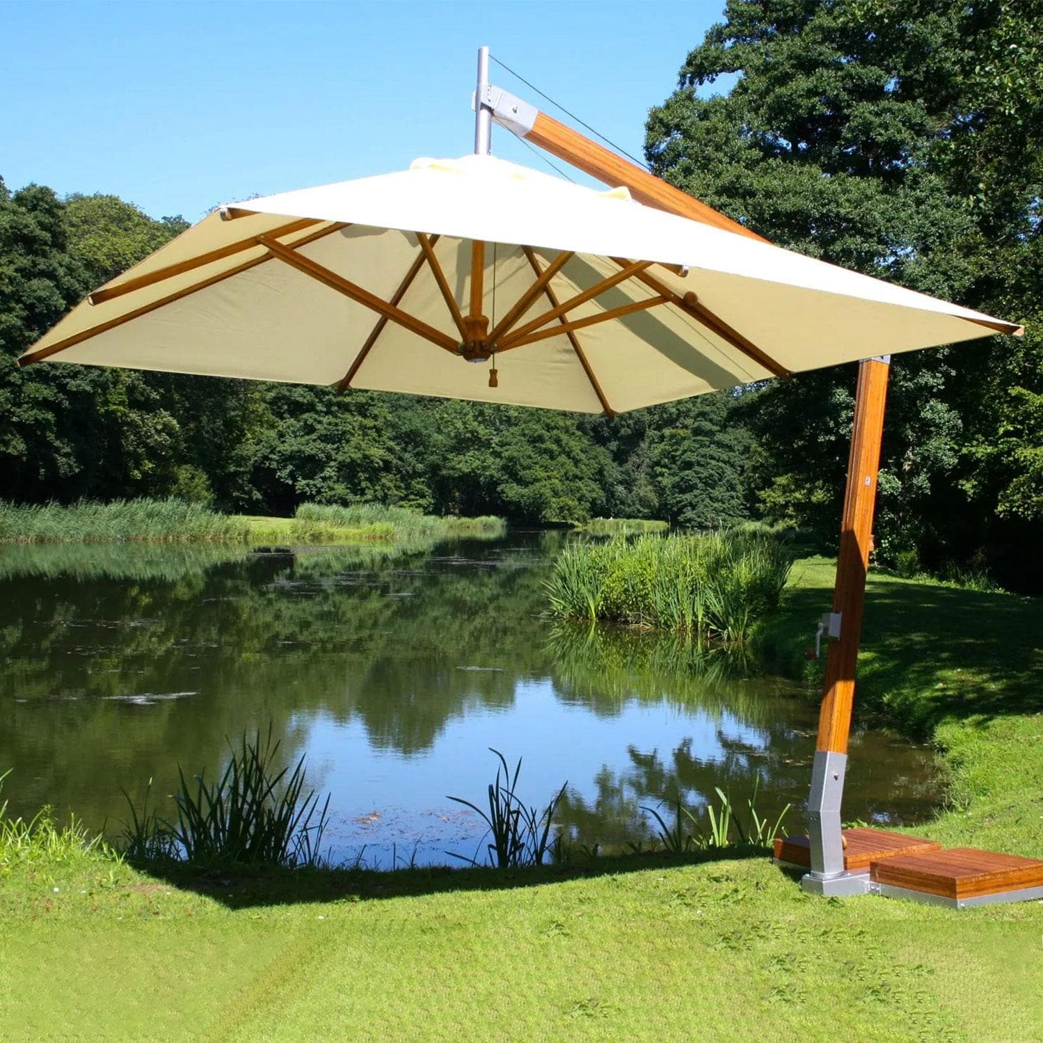 bambrella patio umbrellas Bambrella 11 Ft. Square Bamboo Levante Side Wind Umbrella Set w/ 484 Lb.  Base System in Ecru