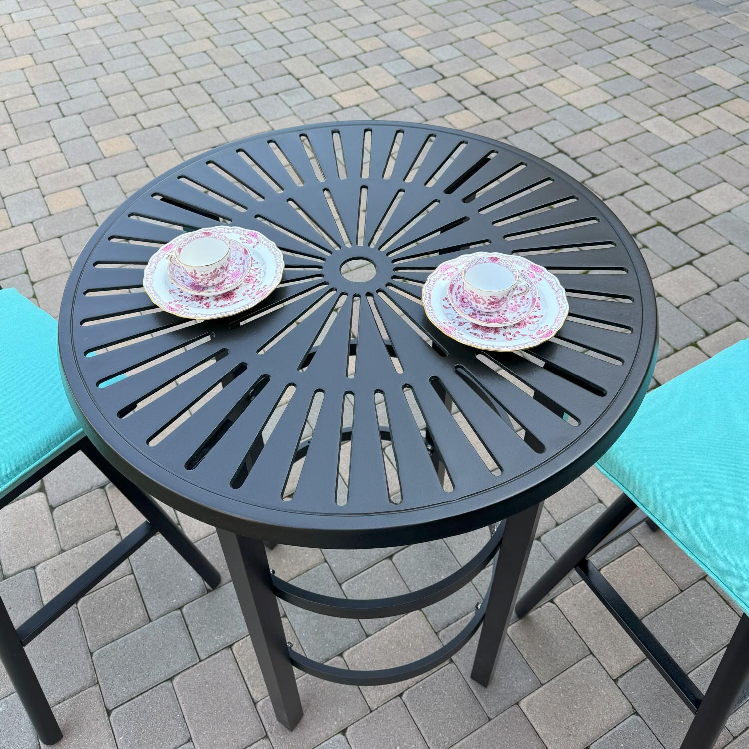 Bella Aluminum 3 Pc Patio Bar Set w/ 30-in Round Bar Table in Blue by Darlee - Bar Table - Overhead View - Lifestyle thumbnail